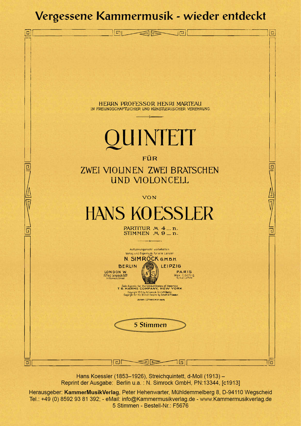 F5676-Koessler_Titelgrafik Koessler, Hans –  Streichquintett, d-Moll