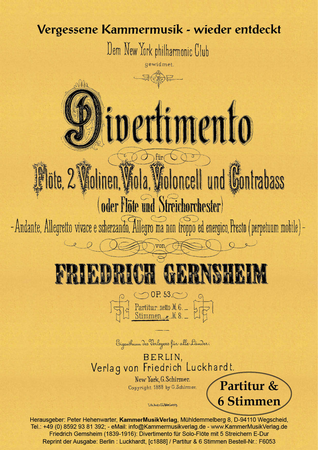 F6053_Gernsheim_Titelgrafik Gernsheim, Friedrich – Solo-Flöte mit Streichquintett oder -orchester, E-Dur, op. 53