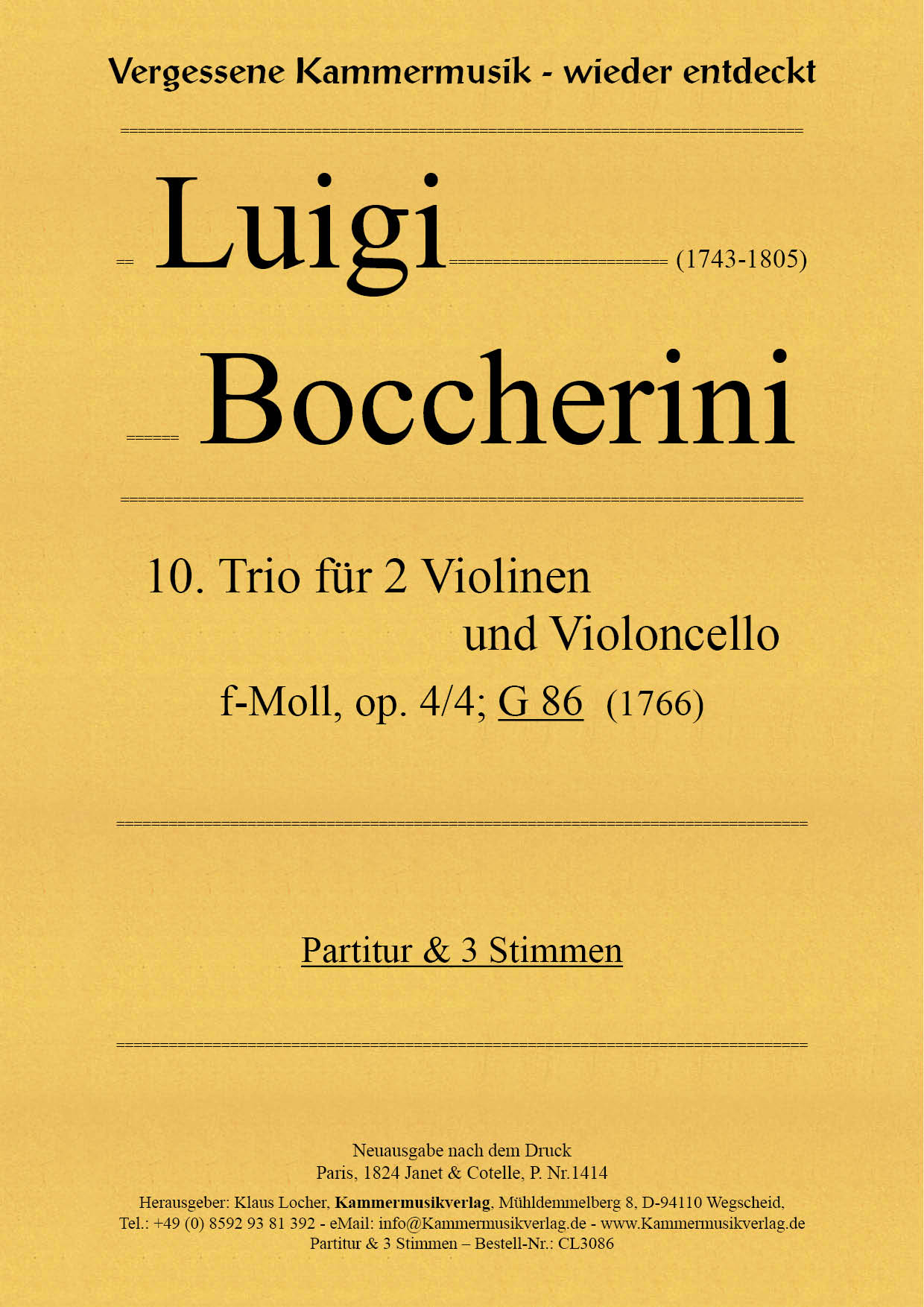 CL3086_Boccerini__Titelgrafik Boccherini, Luigi - 10th trio for violin, viola and violoncello, F minor, op.4, no.4, G 86