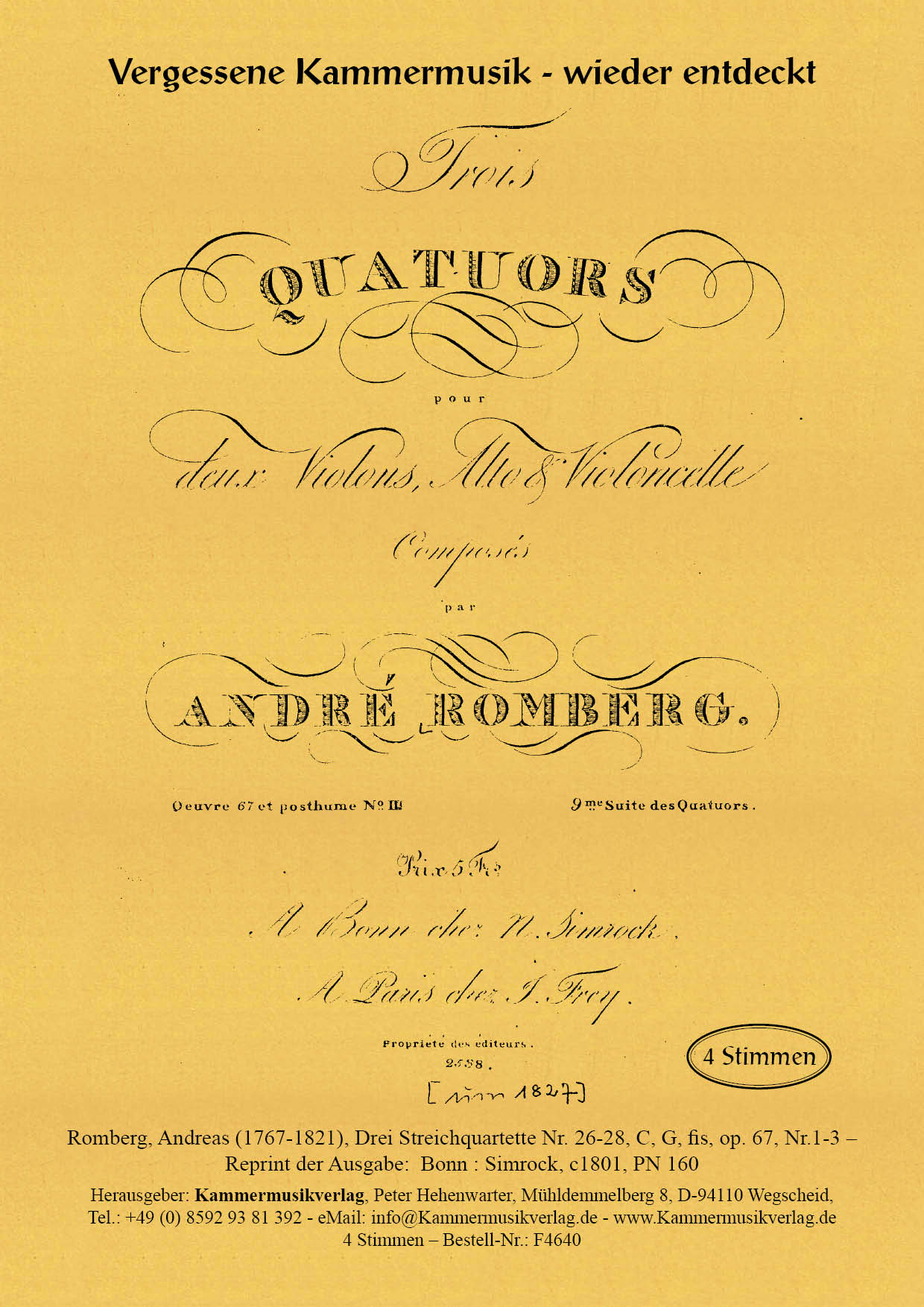 F4640-Romberg_And_op_67__Titelgrafik Romberg, Andreas - Three string quartets No. 26-28, C, G, F sharp, op. 67, No. 1-3