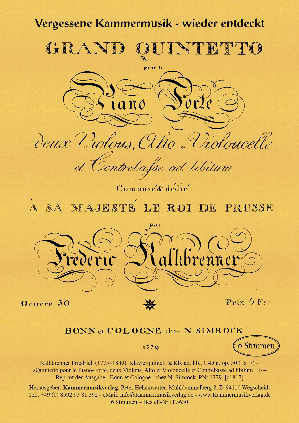 F5630-Kalkbrenner_op_30__Titelgrafik Kalkbrenner, Friedrich – Klavierquintett  & Kb. ad. lib, G-Dur, op. 30