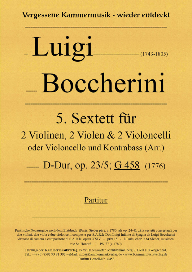 6458_Boccerini_Titelgrafik Boccherini, Luigi – 5. Sextett für 2 Violinen, 2 Violen und 2 Violoncelli, D-Dur, op. 23-5, G 458