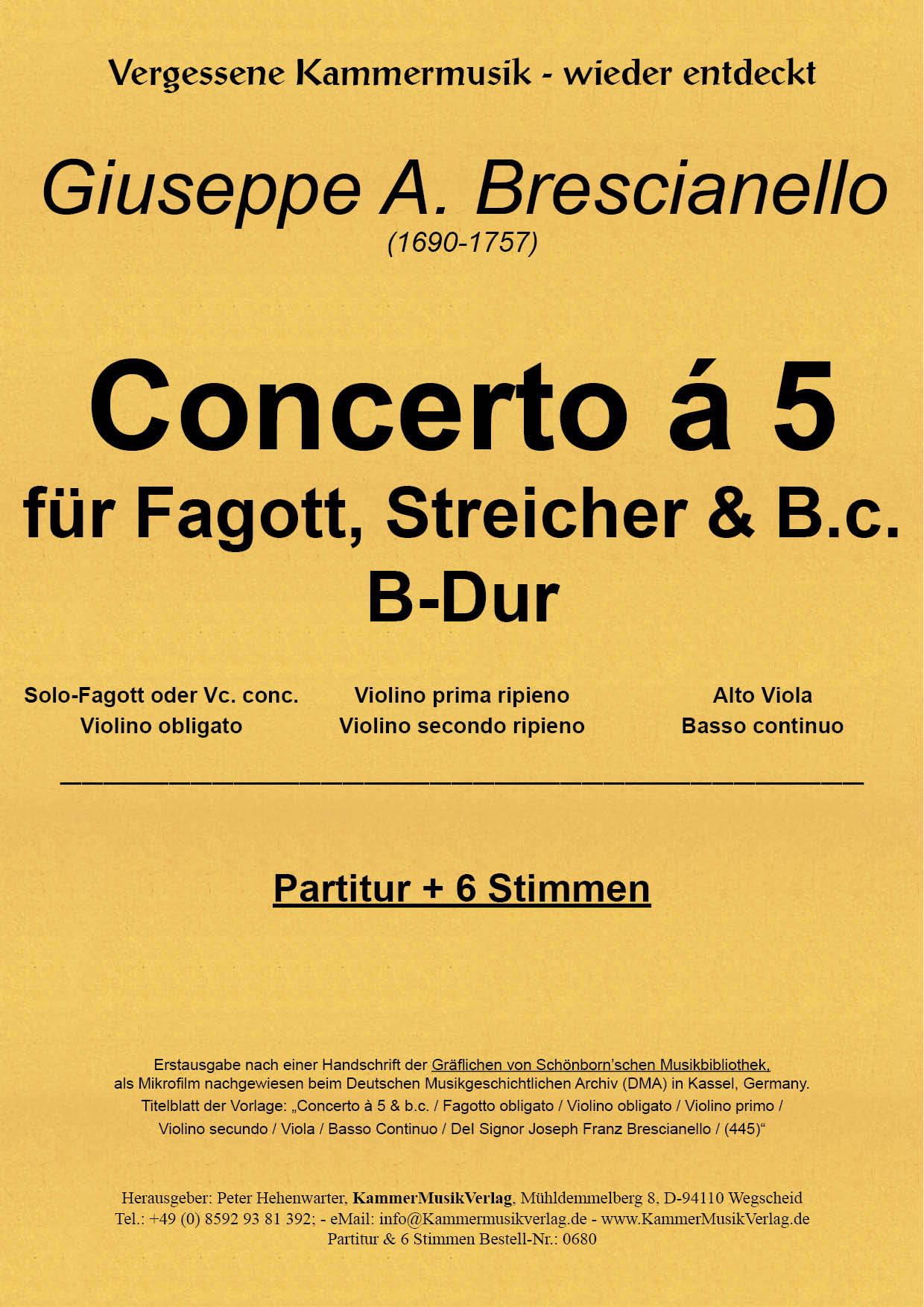 0680_Brecianello__Titelgrafik Brescianello, Giuseppe Antonio – Bläser-Streicher–Sextett B-Dur mit Fagott