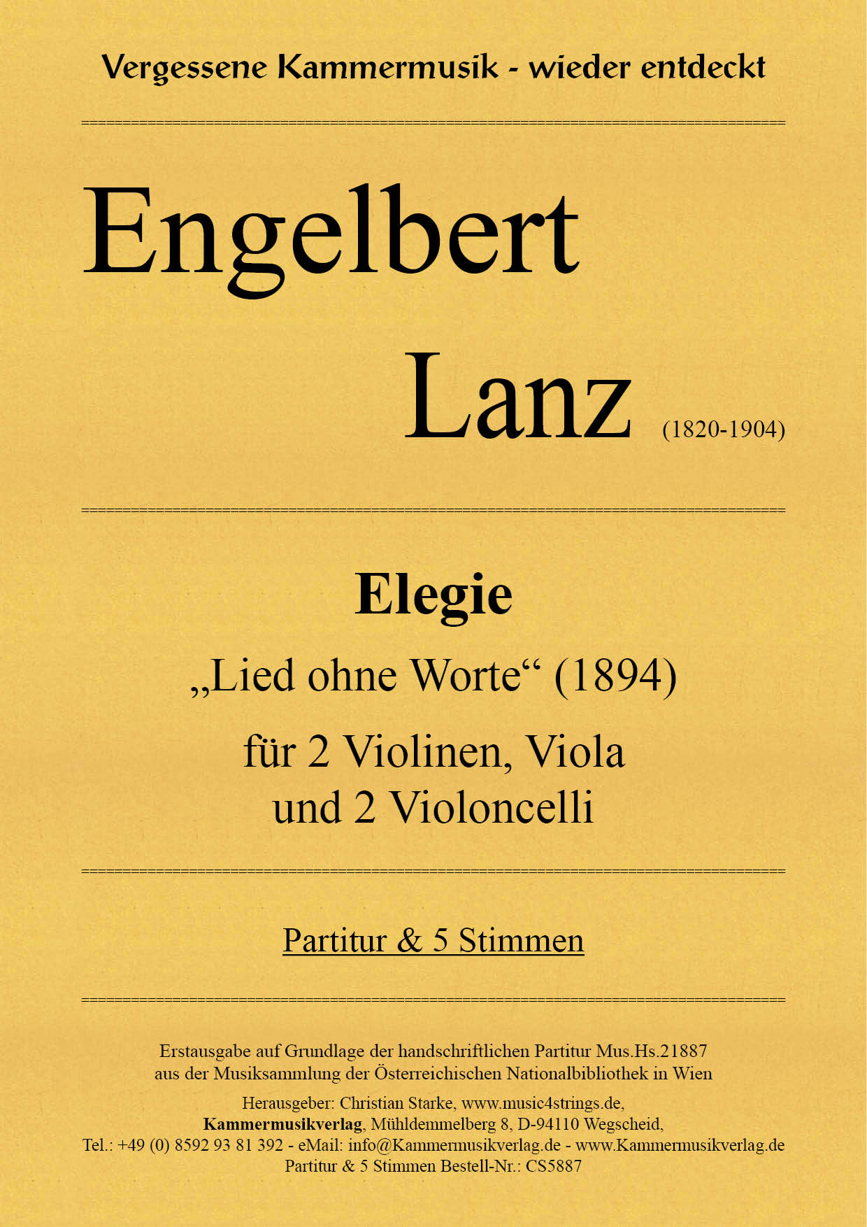 CS5887-Lanz-Elegie__Titelgrafik Lanz, Engelbert – Elegie „Lied ohne Worte“ für Streichquintett (2Vc)