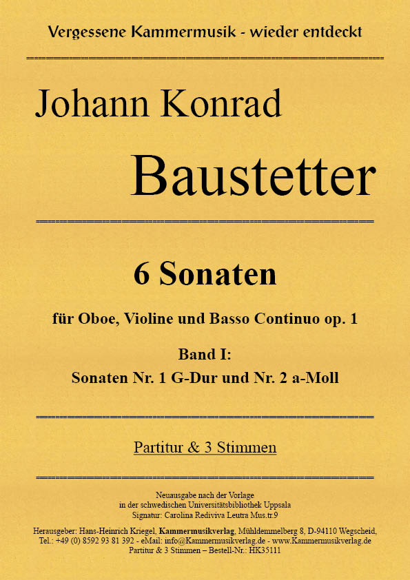 HK35111-Bau-Son_1_2__Titelgrafik Baustetter, Johann Konrad  – 6 Sonaten für Oboe, Violine und Basso Continuo op. 1 Band I