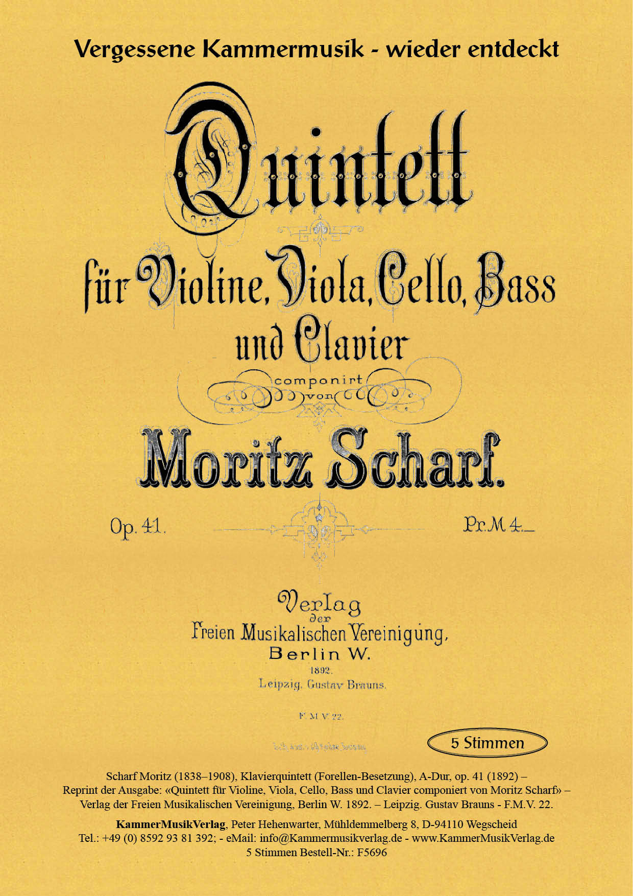 F5696-Scharf_op_41__Titelgrafik Scharf, Moritz – Klavierquintett (Forellen-Besetzung), A-Dur, op. 41