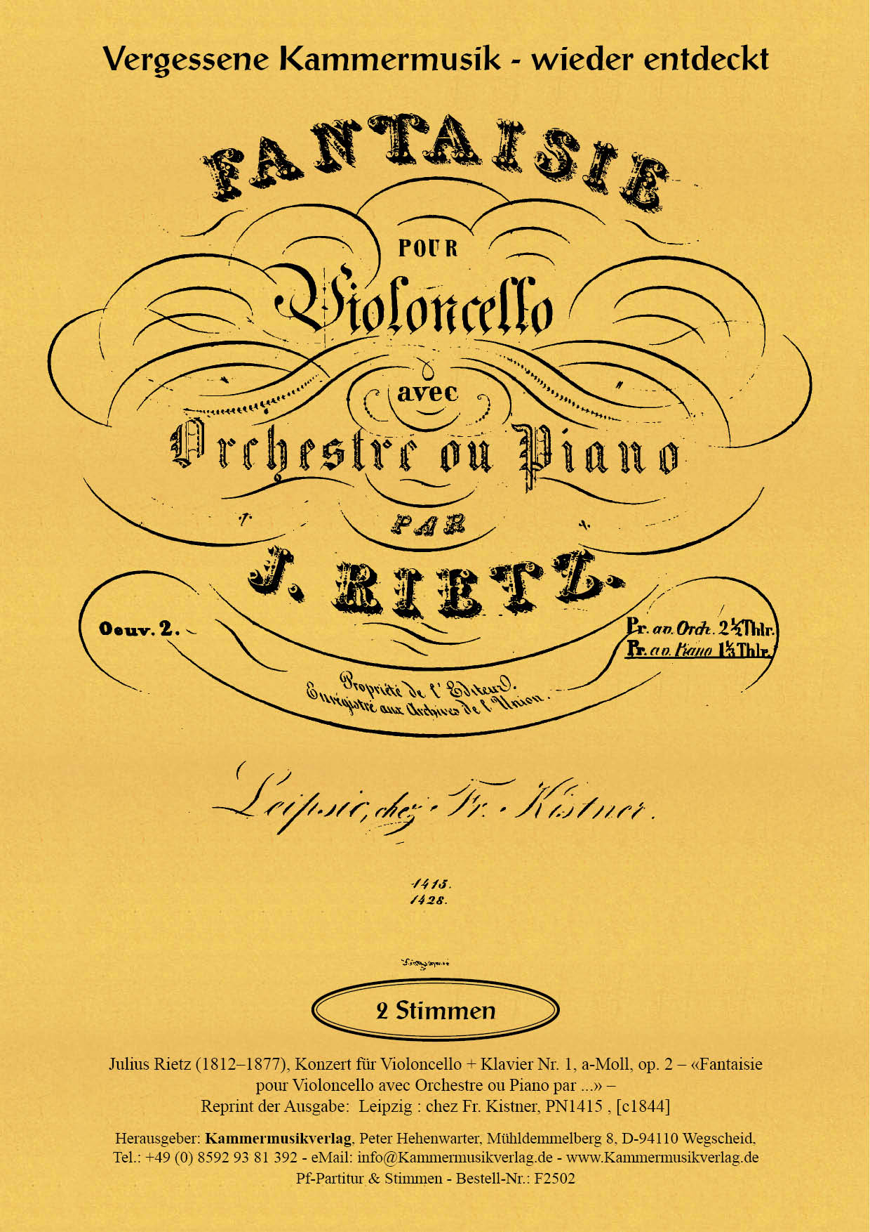 F2502-Rietz_op_2__Titelgrafik Rietz, Julius – Konzert für Violoncello & Klavier Nr. 1, a-Moll, op. 2