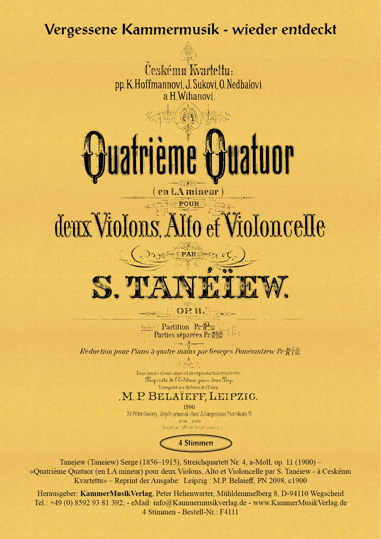 F4111-Tanejew-Serge__Titelgrafik Tanejew  (Taneiew), Serge – Streichquartett Nr. 4, a-Moll, op. 11