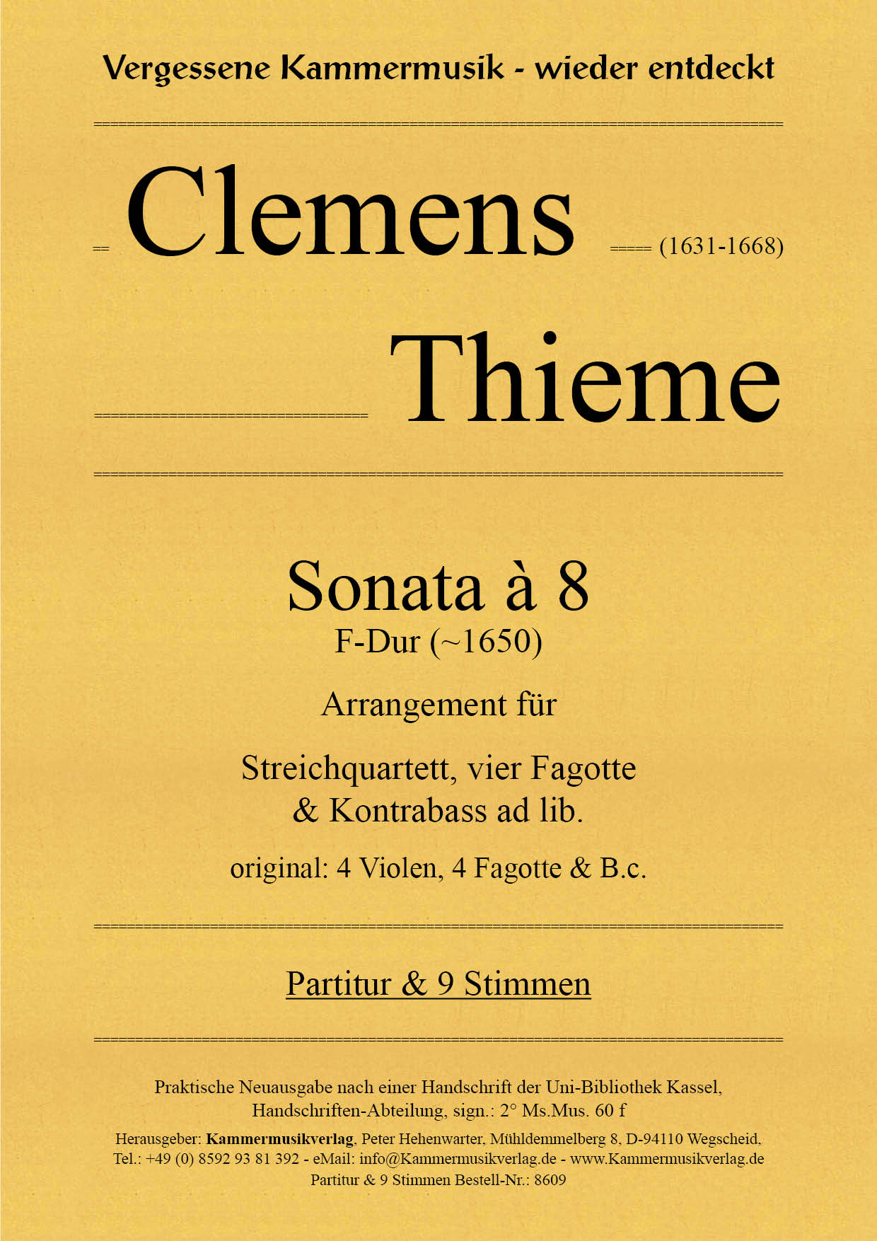 8609_Thieme_Titelgrafik597782f5534b9 Thieme, Clemens – Sonata à 8, F-Dur (~1650) – Arrangement für Streichq. & Bläser