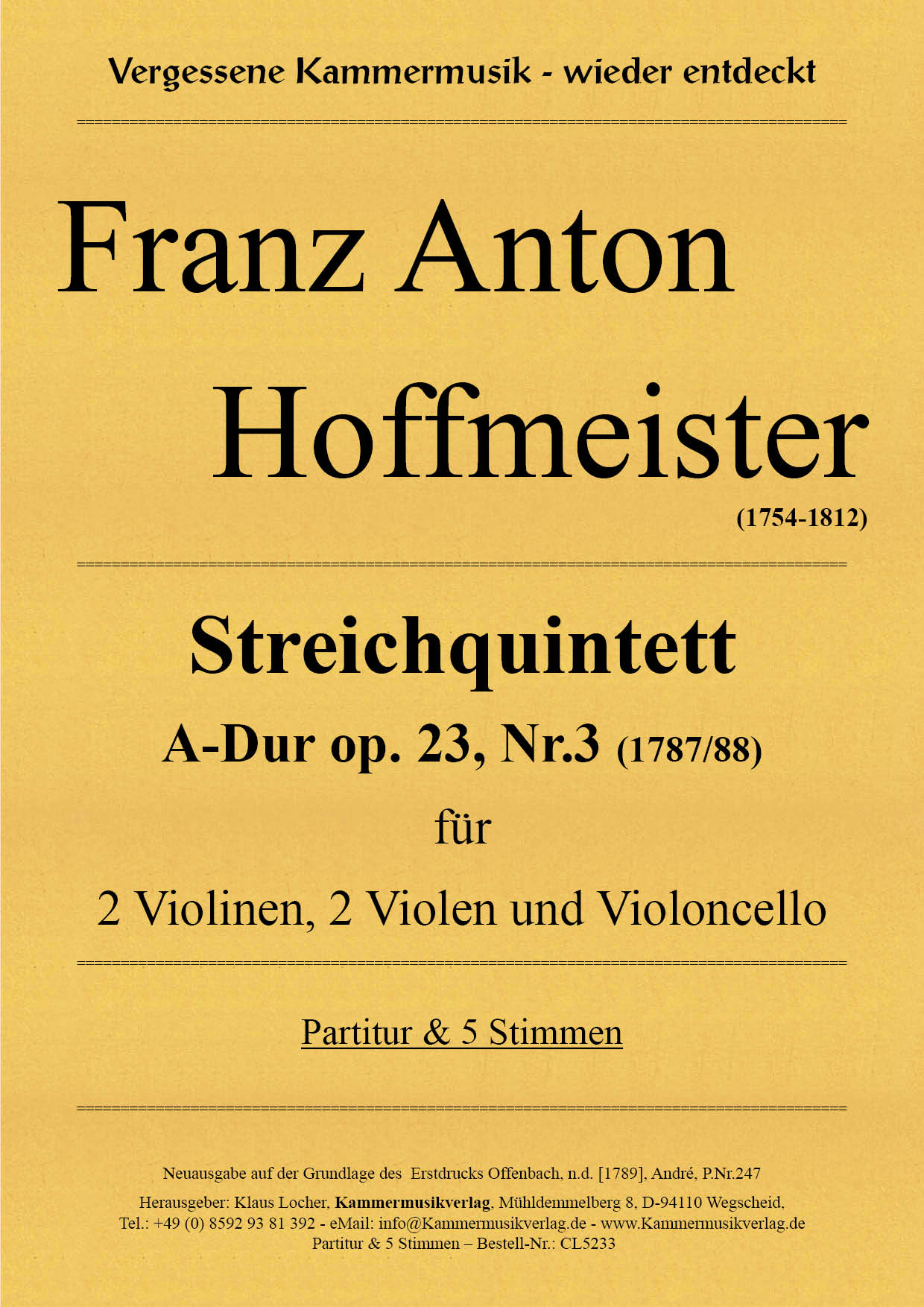 CL5233-Hoffmeister__Titelgrafik Hoffmeister, Franz Anton – Streichquintett A-Dur op. 23, Nr. 3