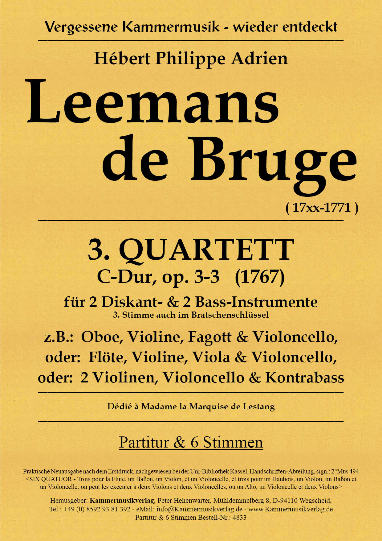 4833-Leemans_op_3_3__Titelgrafik Leemans de Bruge, Hébert Ph. A. – Streichquartett Nr. 3, C-Dur, op. 3-3