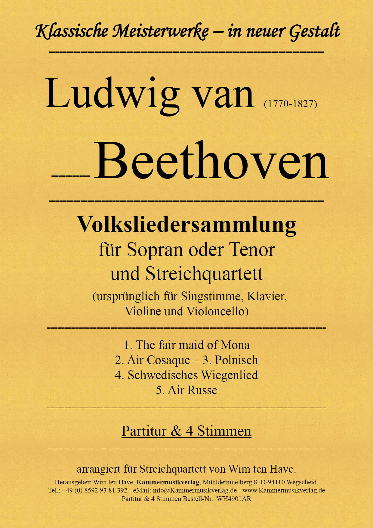 WH4901AR_Beethoven_Lieder__Titelgrafik Beethoven, Ludwig van – Liedersammlung für Sopran oder Tenor und Streichquartett