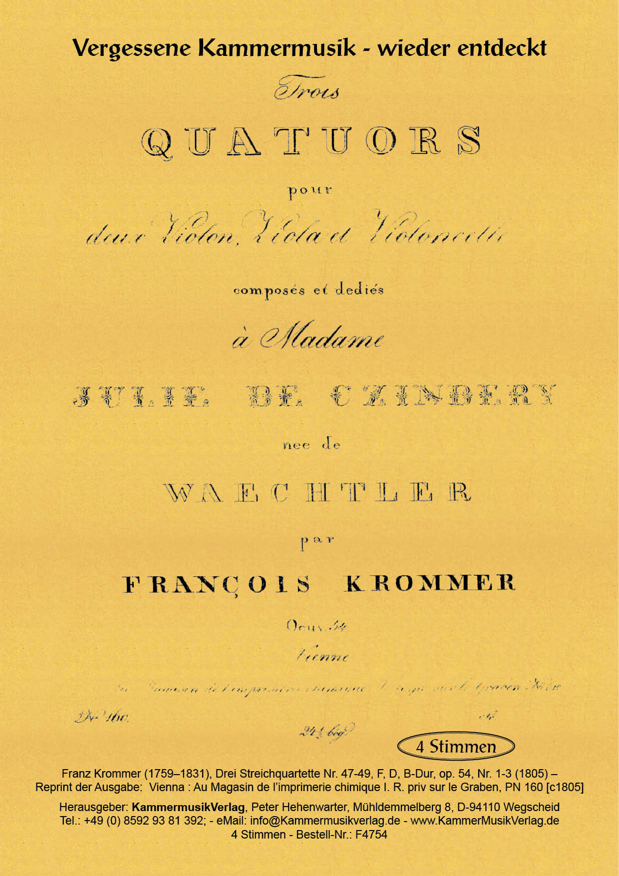 F4754-Krommer_op_54__Titelgrafik Krommer, Franz - Three String Quartets No. 47-49, F, D, B flat major, op. 54, No. 1-3