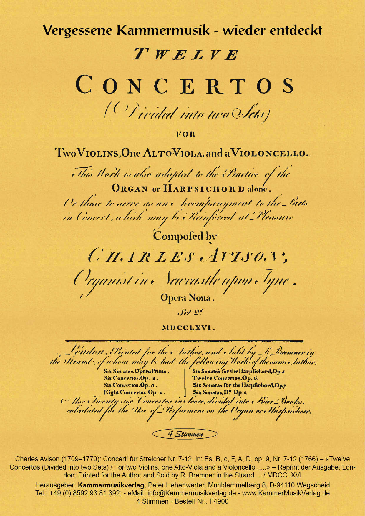F4900-Avison_Titelgrafik Avison, Charles – Concerti für Streicher Nr. 7-12, in: Es, B, c, F, A, D,, op. 9
