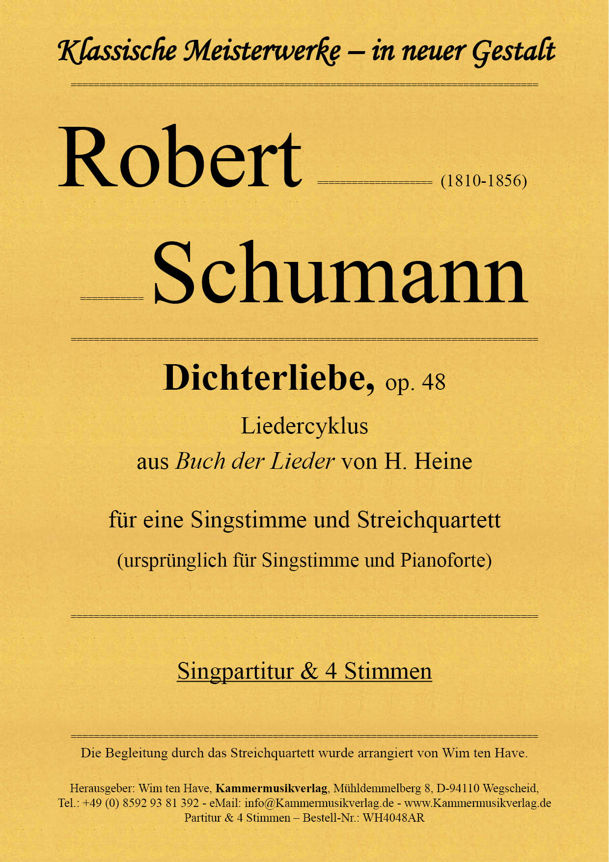 WH4048AR_Schumann_Dichterliebe_TitelgrafikV5JNflmWunj9d Schumann, Robert – Dichterliebe, op. 48 für eine Singstimme mit  Streichquartett