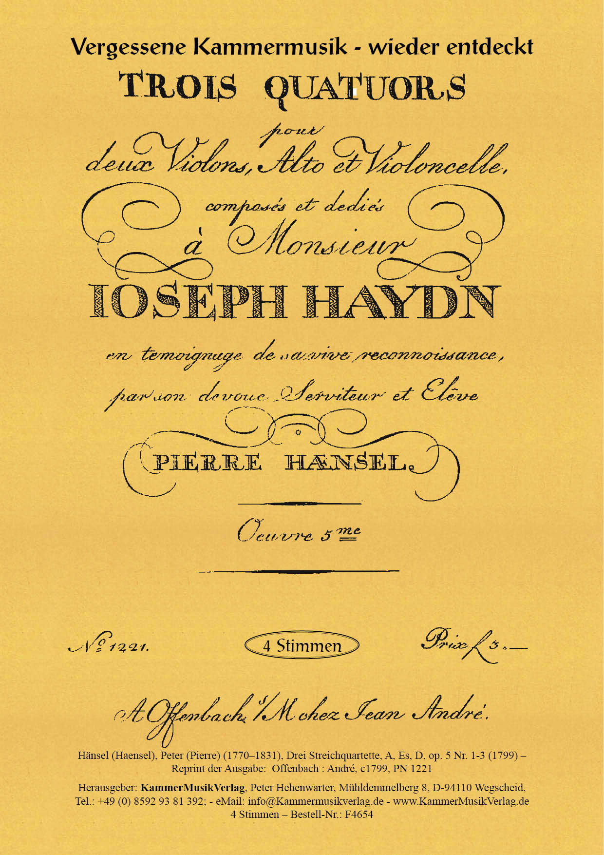 F4654-Haensel_op_5_Titelgrafik Hänsel (Haensel), Peter (Pierre) – Drei Streichquartette, A, Es, D, op. 5 Nr. 1-3