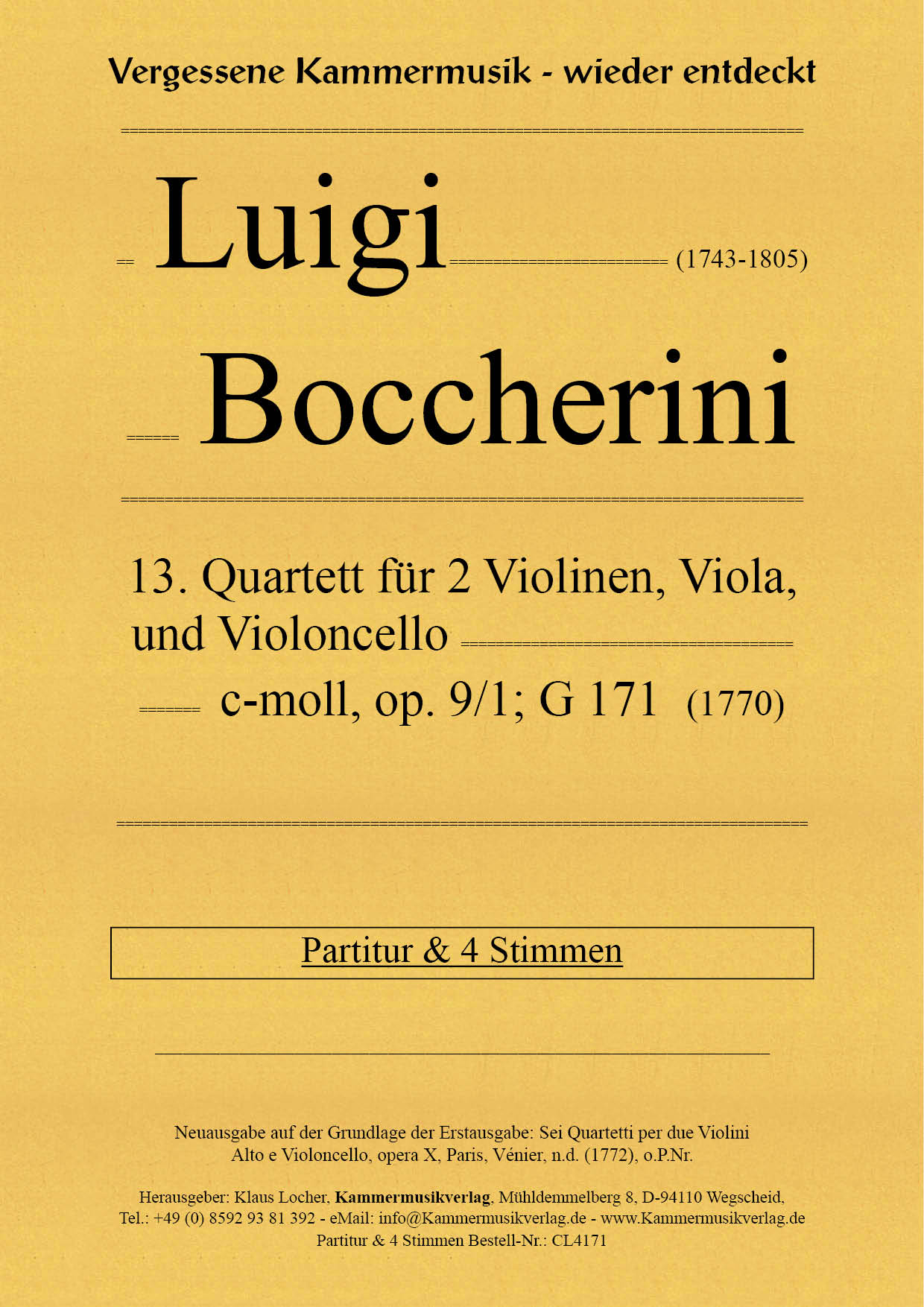 CL4171_Boccerini_Titelgrafik Boccherini, Luigi - 13th quartet for 2 violins, viola and violoncello, op.9, no.1, G 171