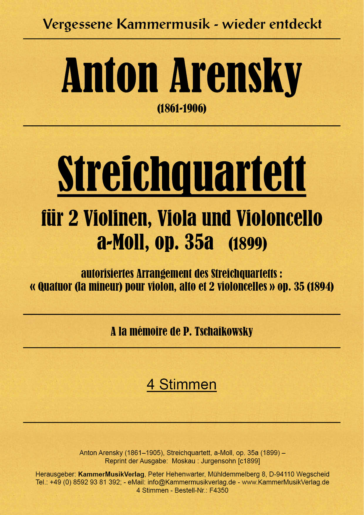 F4350-Arenskx-op35a_Titelgrafik Arensky, Anton – Streichquartett, a-Moll, op. 35a