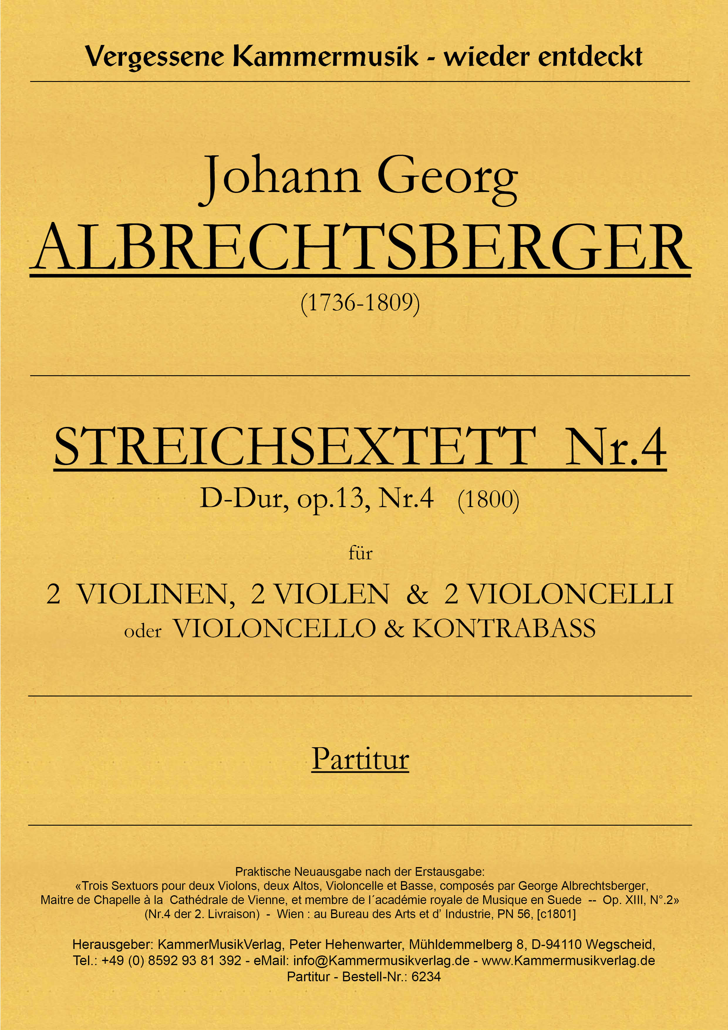 6234-Albrechtsberger_op_13_4__Titelgrafik Albrechtsberger, Johann Georg – Streichsextett Nr. 4, D-Dur, op. 13-4