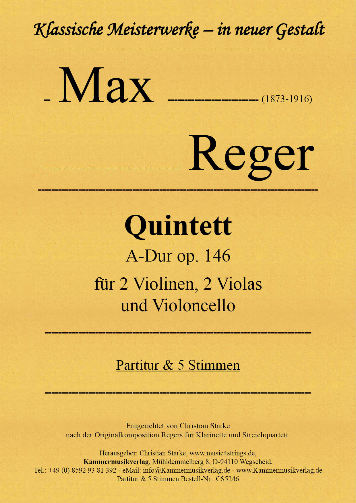 CS5246-Reger-Max-op_146__Titelgrafik Reger, Max – Quintett, A-Dur, op. 146