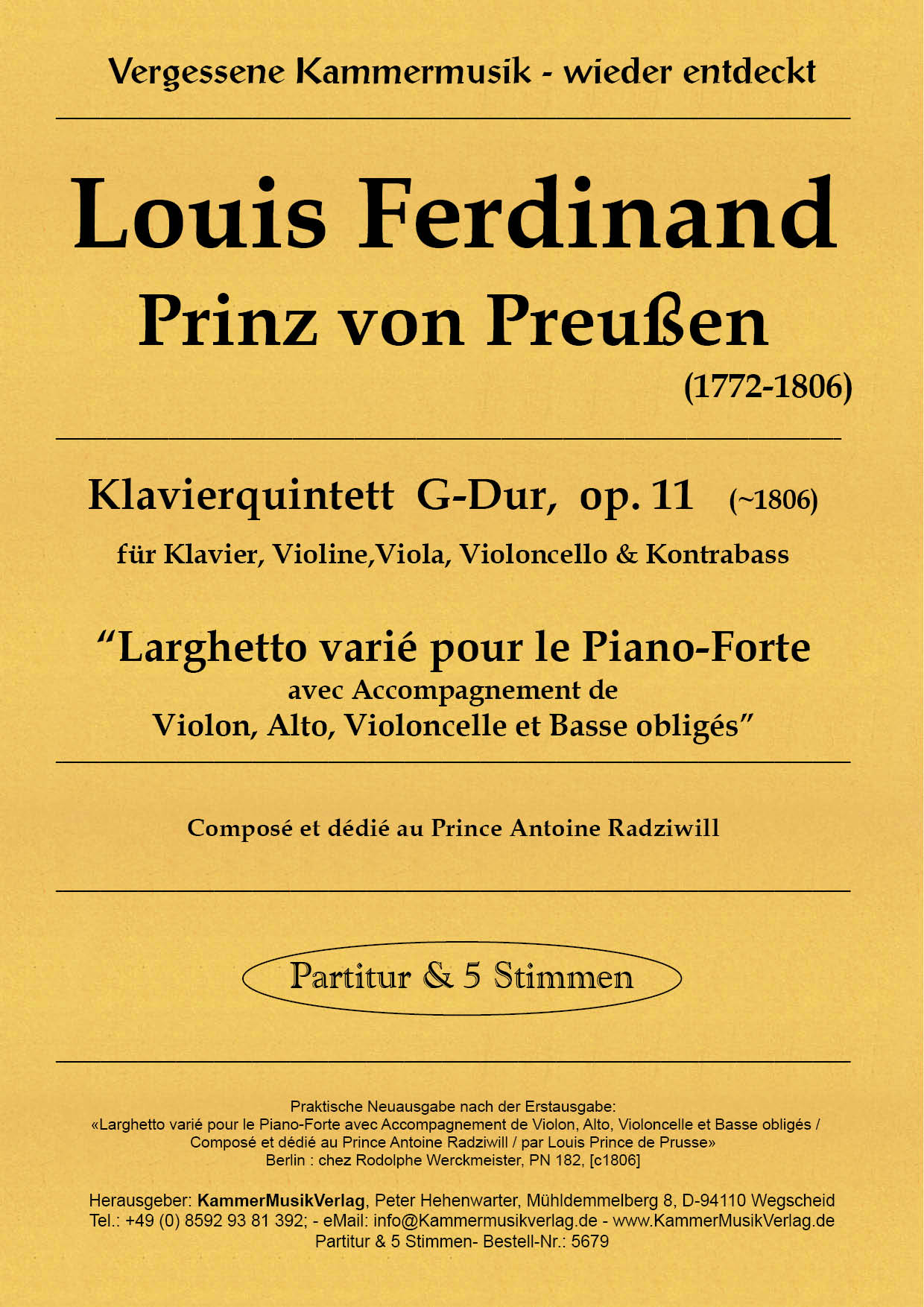 5679_Louis_Prinz_Titelgrafik Louis Ferdinand, Prinz von Preussen – Klavierquintett (Forellen-Besetzung), G-Dur, op. 11