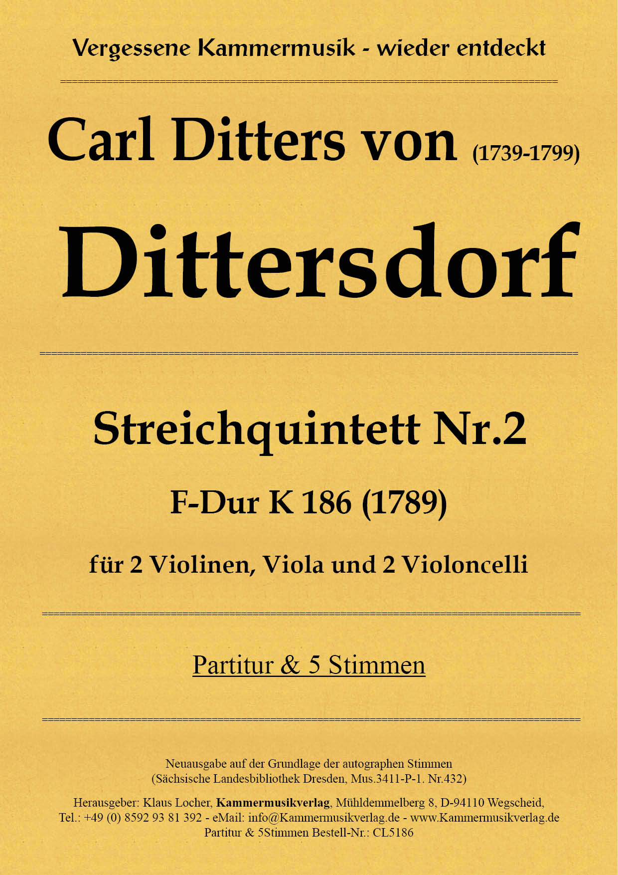 CL5186-Dittersdorf-K186__Titelgrafik Dittersdorf, Carl Ditters von - String Quintet No. 2, F major K 186