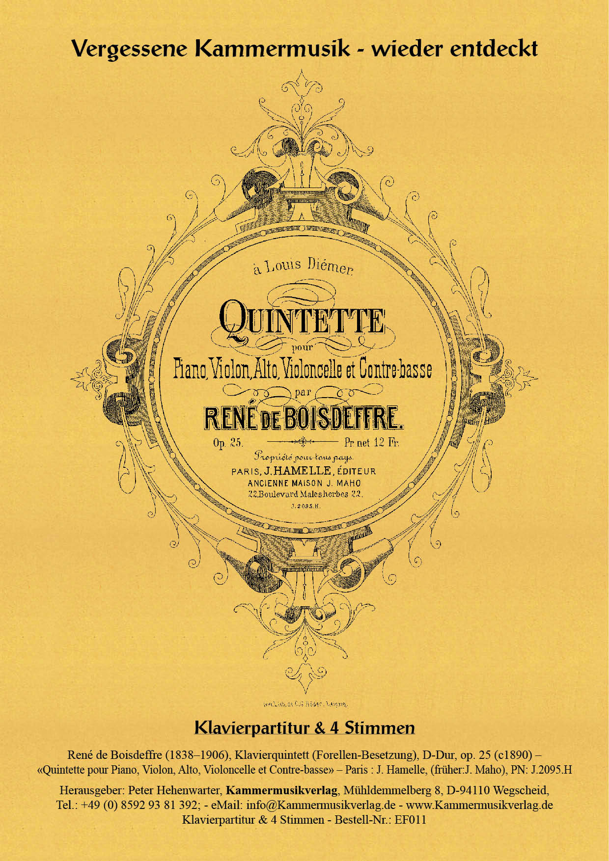 EF011-Boisdeffre_op_25_Titelgrafik Boisdeffre, René de – Klavierquintett (Forellen-Besetzung), D-Dur, op. 25