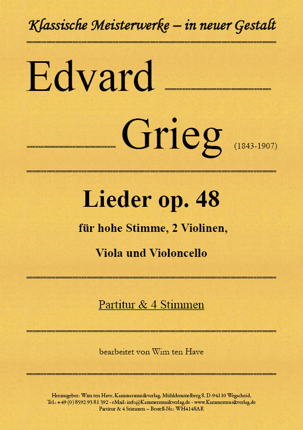 WH4148AR-Grieg__Titelgrafik Grieg, Edvard – Lieder op. 48 für hohe Stimme, 2 Violinen, Viola und Violoncello