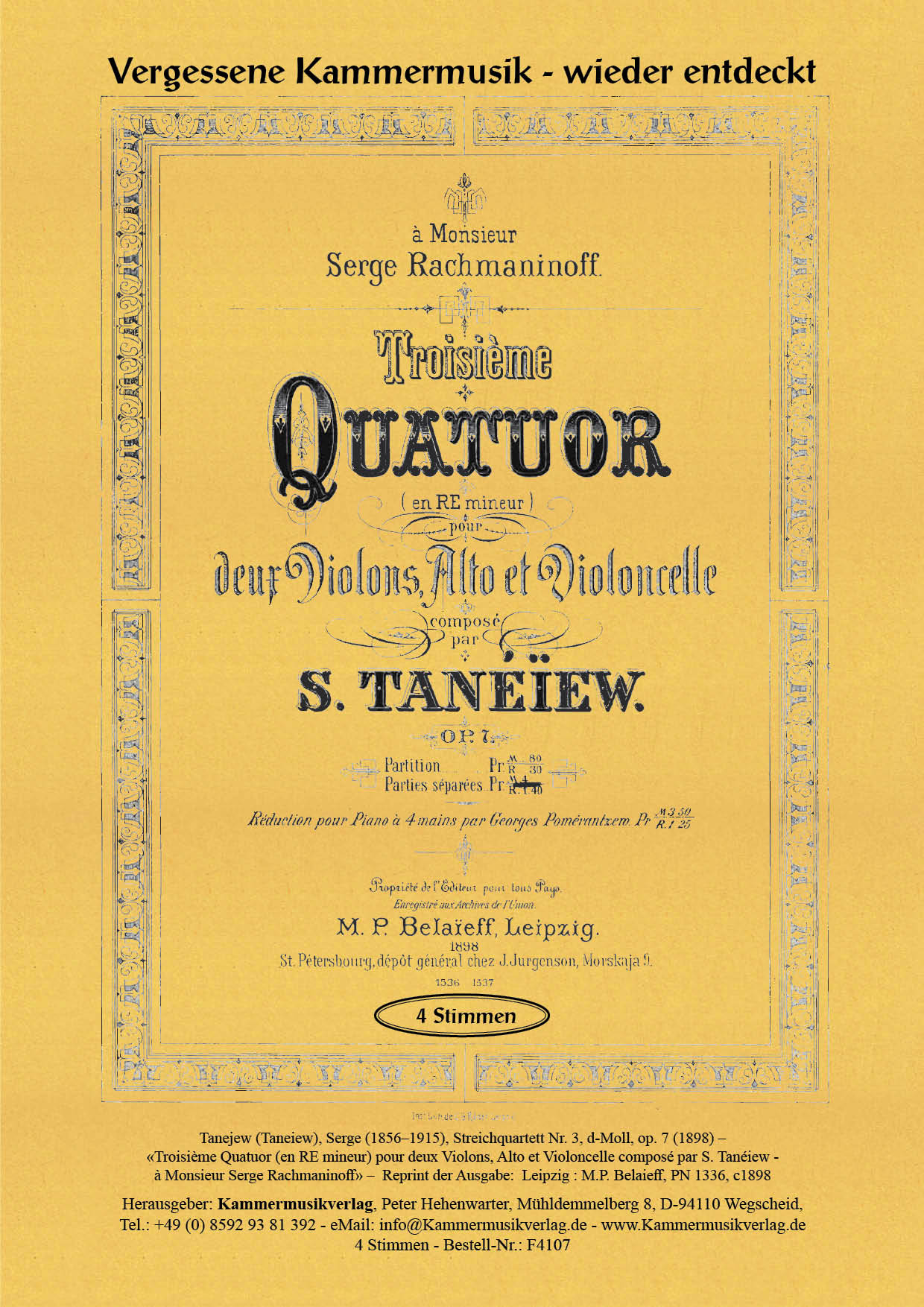 F4107-Tanejew-Serge_op_7__Titelgrafik Tanejew  (Taneiew), Serge – Streichquartett Nr. 3, d-Moll, op. 7