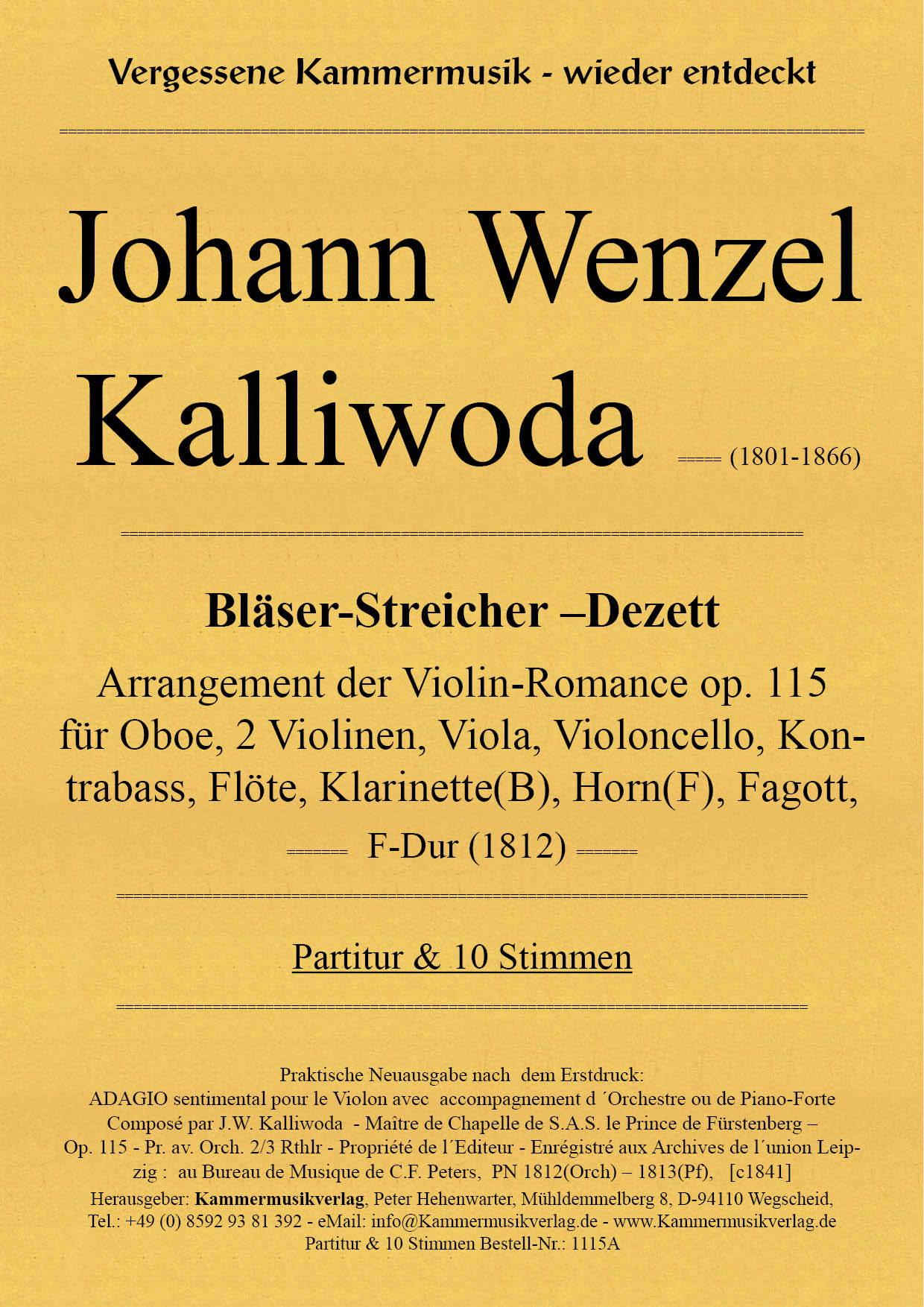 1115A_Kalliwoda_Titelgrafik Kalliwoda, Johann Wenzel – Bläser-Streicher-Dezett (Oboen-Dezett), F-Dur, op. 115