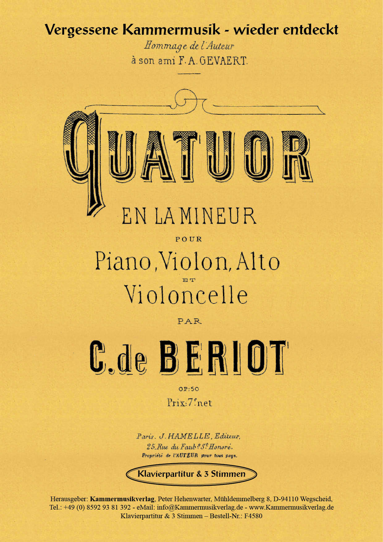 F4580-Beriot-Charles-de__Titelgrafik Bériot, Charles de - Piano Quartet, a-minor, op. 50
