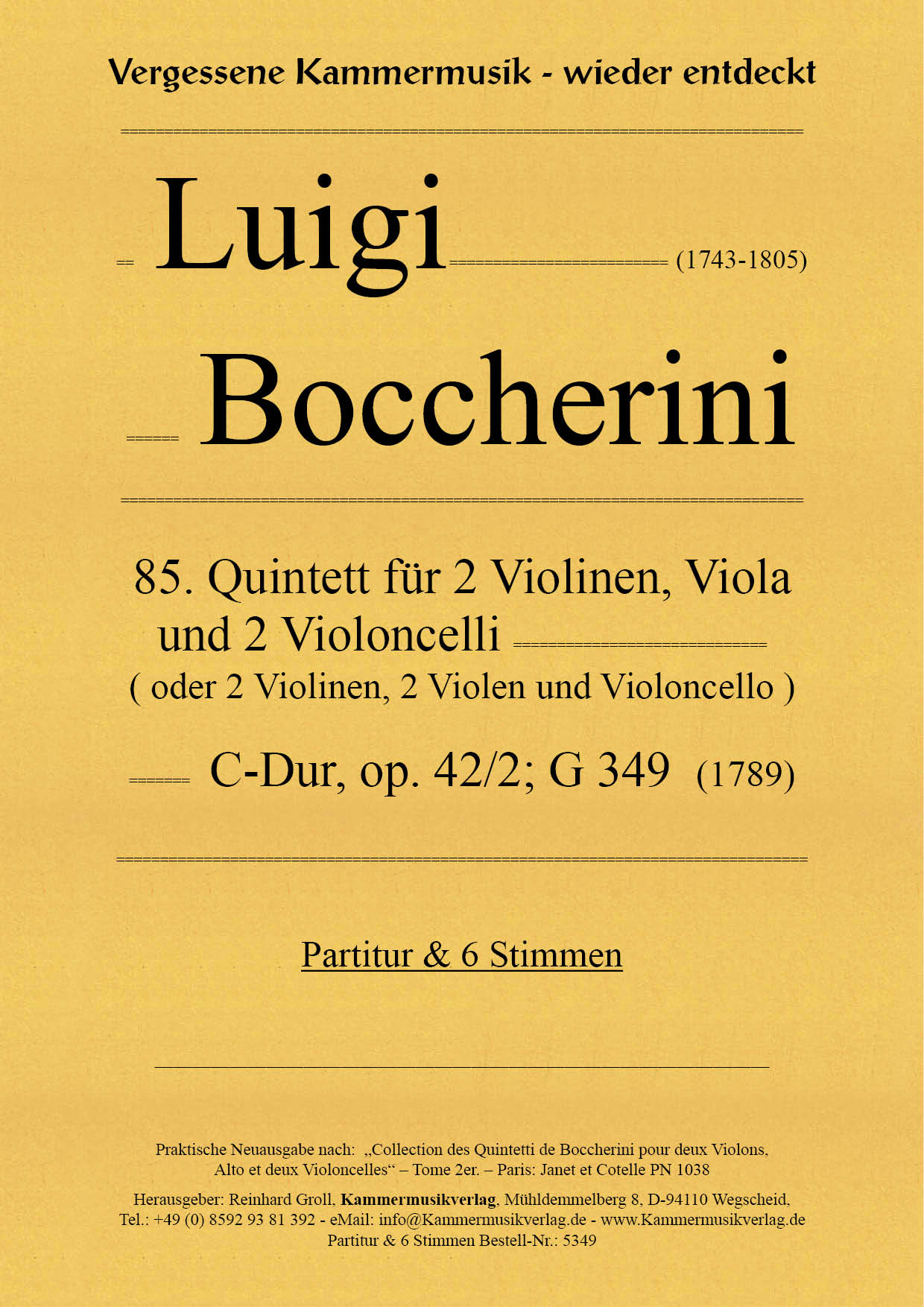 5349_Boccerini_42_2__Titelgrafik Boccherini, Luigi – 85. Quintett für 2 Violinen, Viola und 2 Violoncelli, C-Dur, op. 42/2, G 349