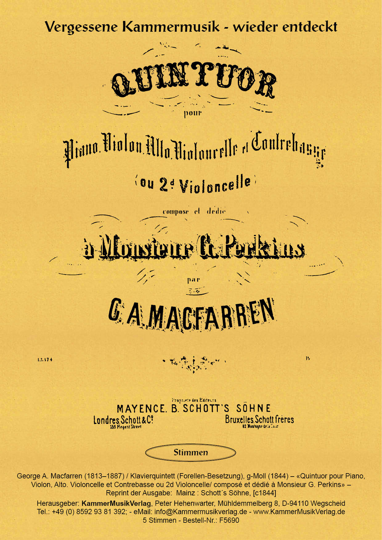 Macfarren, George A. – Klavierquintett (Forellen-Besetzung), g-Moll