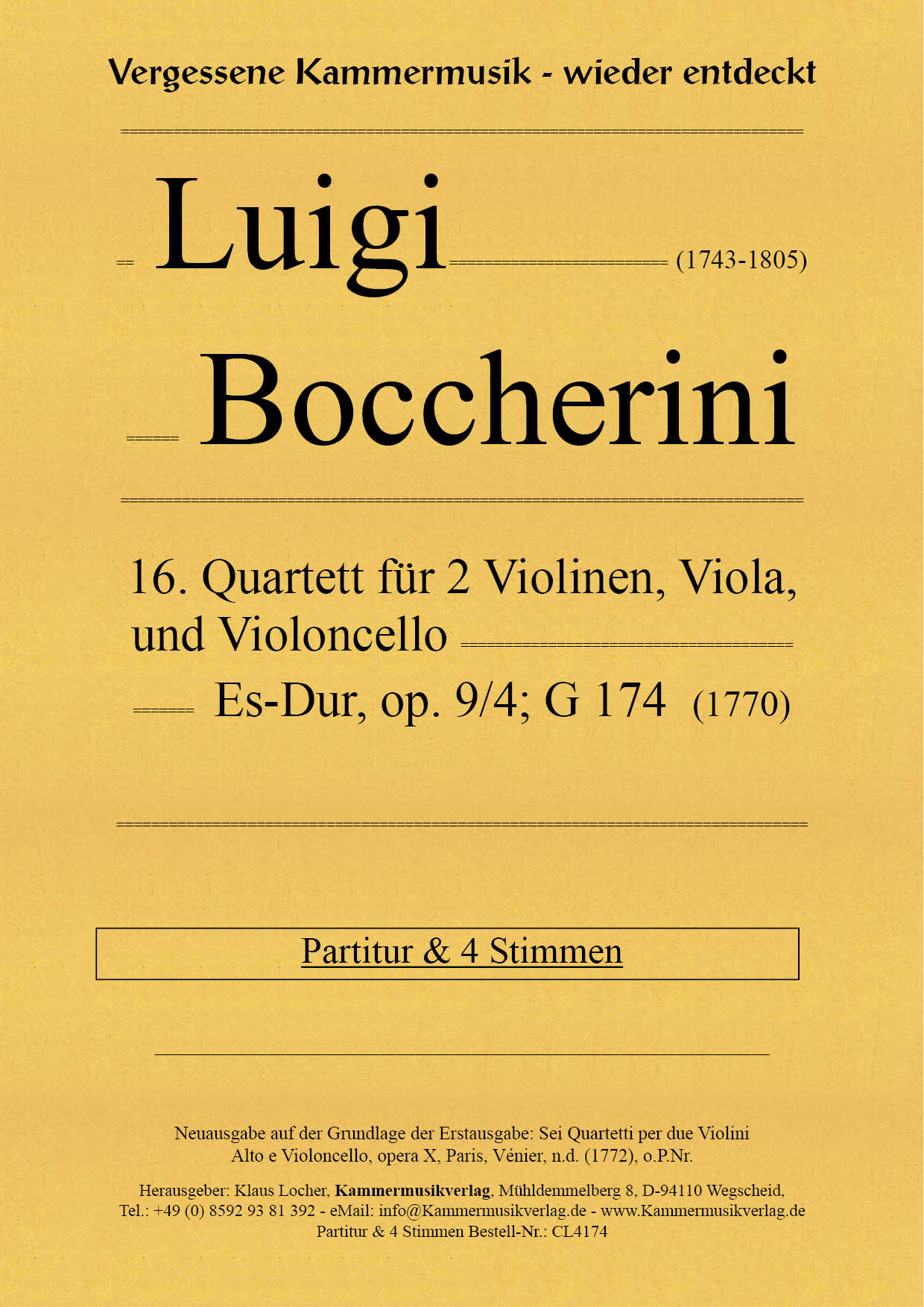 CL4174_Boccerini_Titelgrafik Boccherini, Luigi - 16th Quartet for 2 violins, viola and violoncello, E flat major, op. 9, no.4, G 174