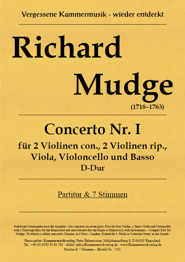 7101-Mudge-Con_1__Titelgrafik Mudge, Richard – Concerto Nr. I für 2 Violinen con. 2 Violinen rip.,Viola, Violoncello und Basso
