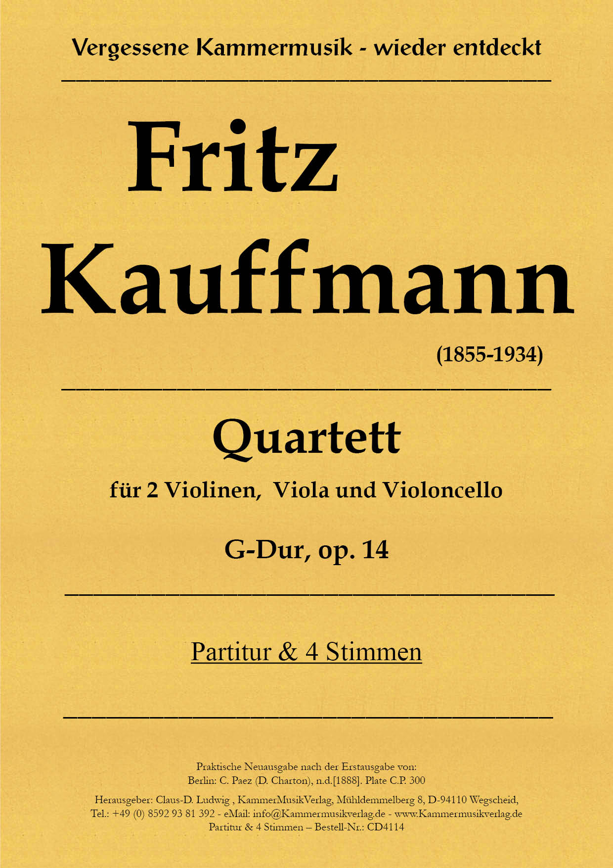 CD4114-Kauffmann-op_14__Titelgrafik Kauffmann, Fritz – Quartett G-Dur, op. 14