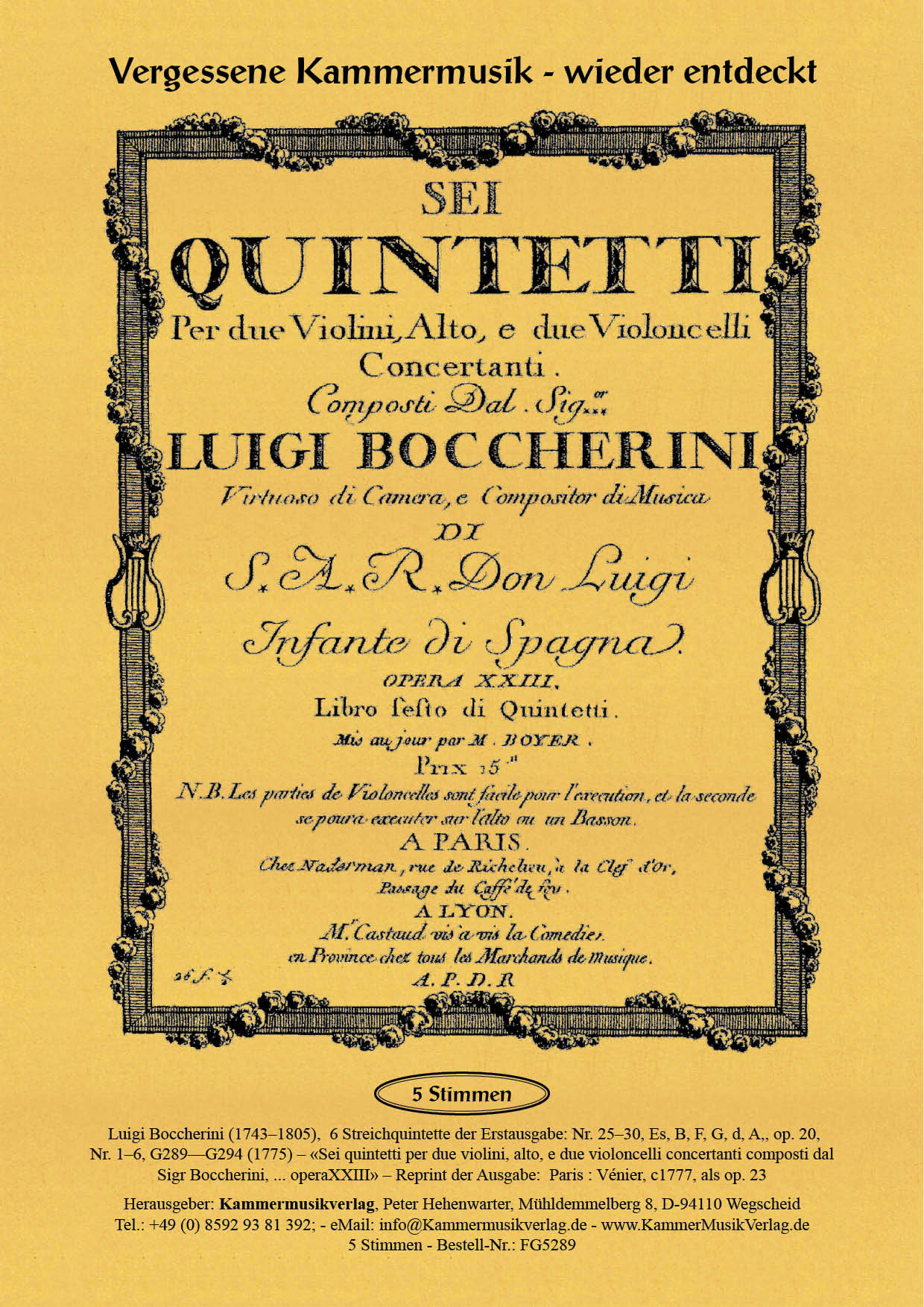 FG5289_Boccherini_Titelgrafik Boccherini, Luigi – 6 Streichquintette op 20, Nr. 1–6