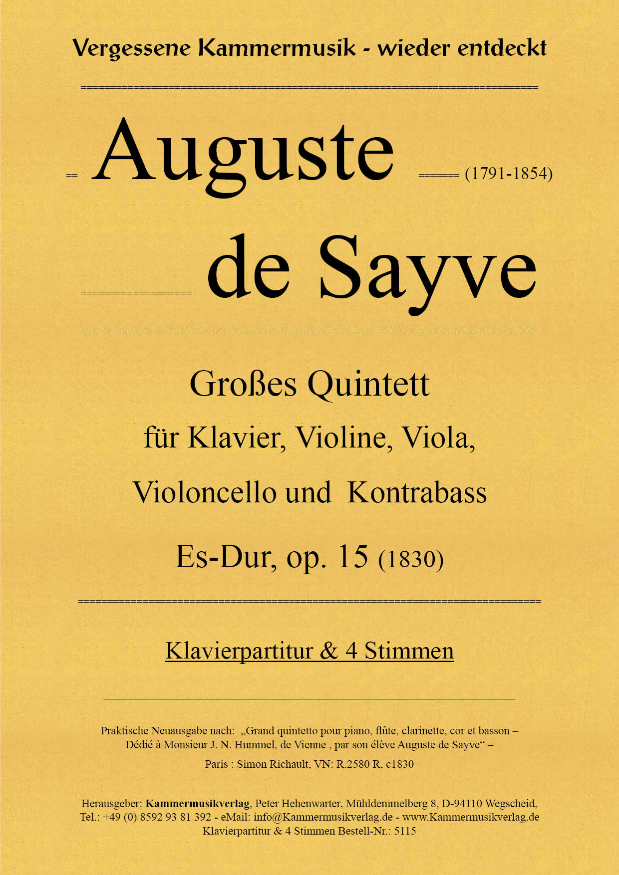 5115_Sayve_15__Titelgrafik Sayve, Auguste de – Großes Quintett für Klavier und Streicher, Es-Dur, op. 15