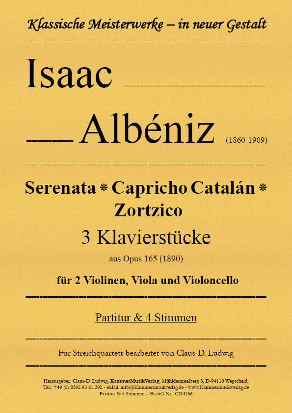 CD4166-Albinez-S_C_Z_op_165__Titelgrafik Albéniz, Isaac – Serenata ⁕ Capricho Catalán ⁕  Zortzico 3 Klavierstücke