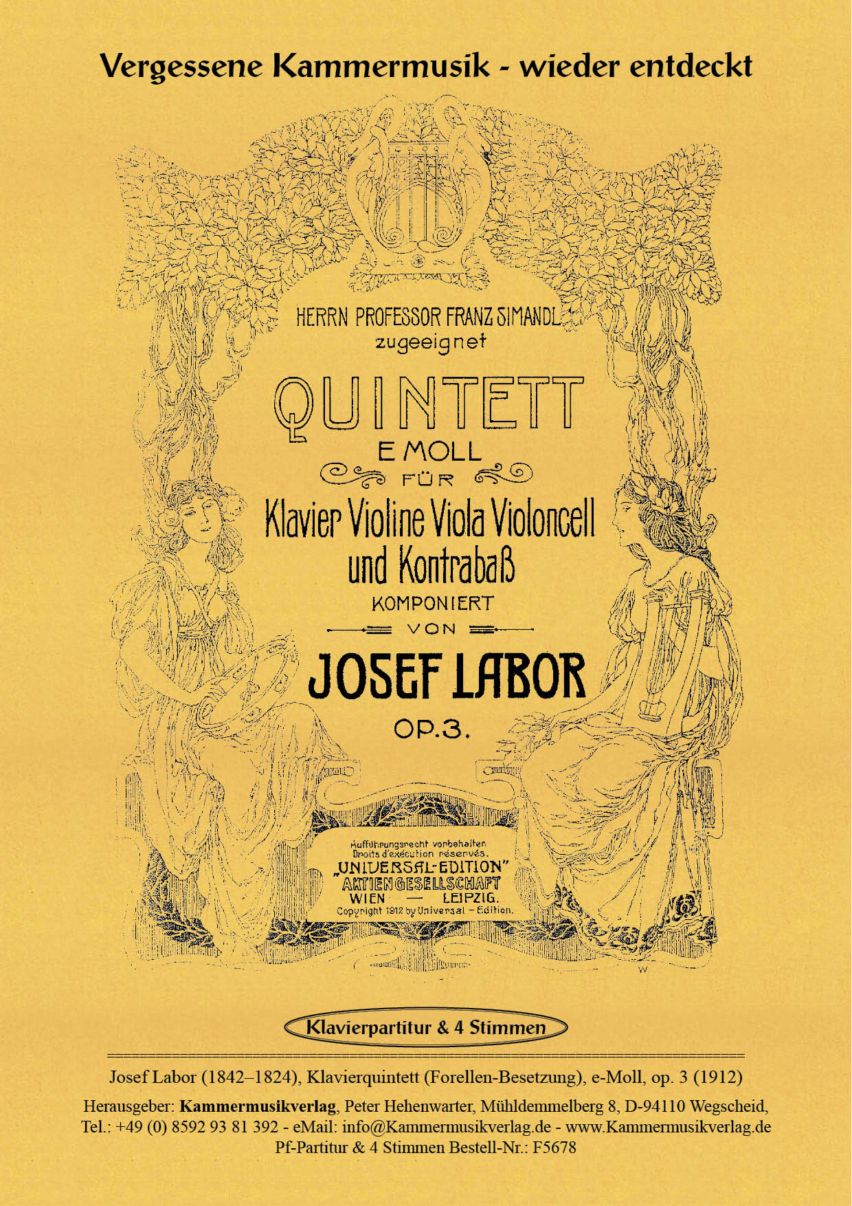 F5678-Labor_op_3__Titelgrafik Labor, Josef – Klavierquintett (Forellen-Besetzung), e-Moll, op. 3