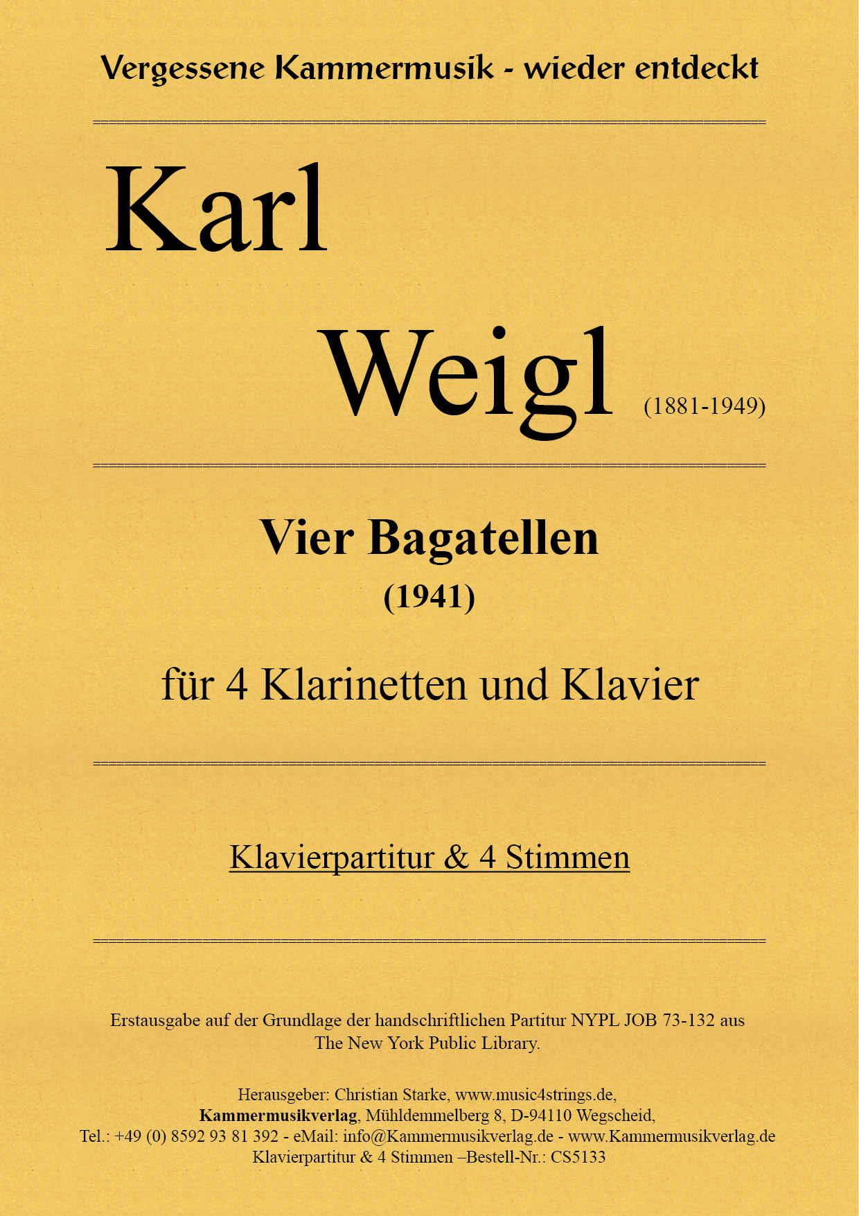 CS5133-Weigl-Bagatellen_Klar__Titelgrafik Weigl, Karl – Vier Bagatellen für 4 Klarinetten und Klavier