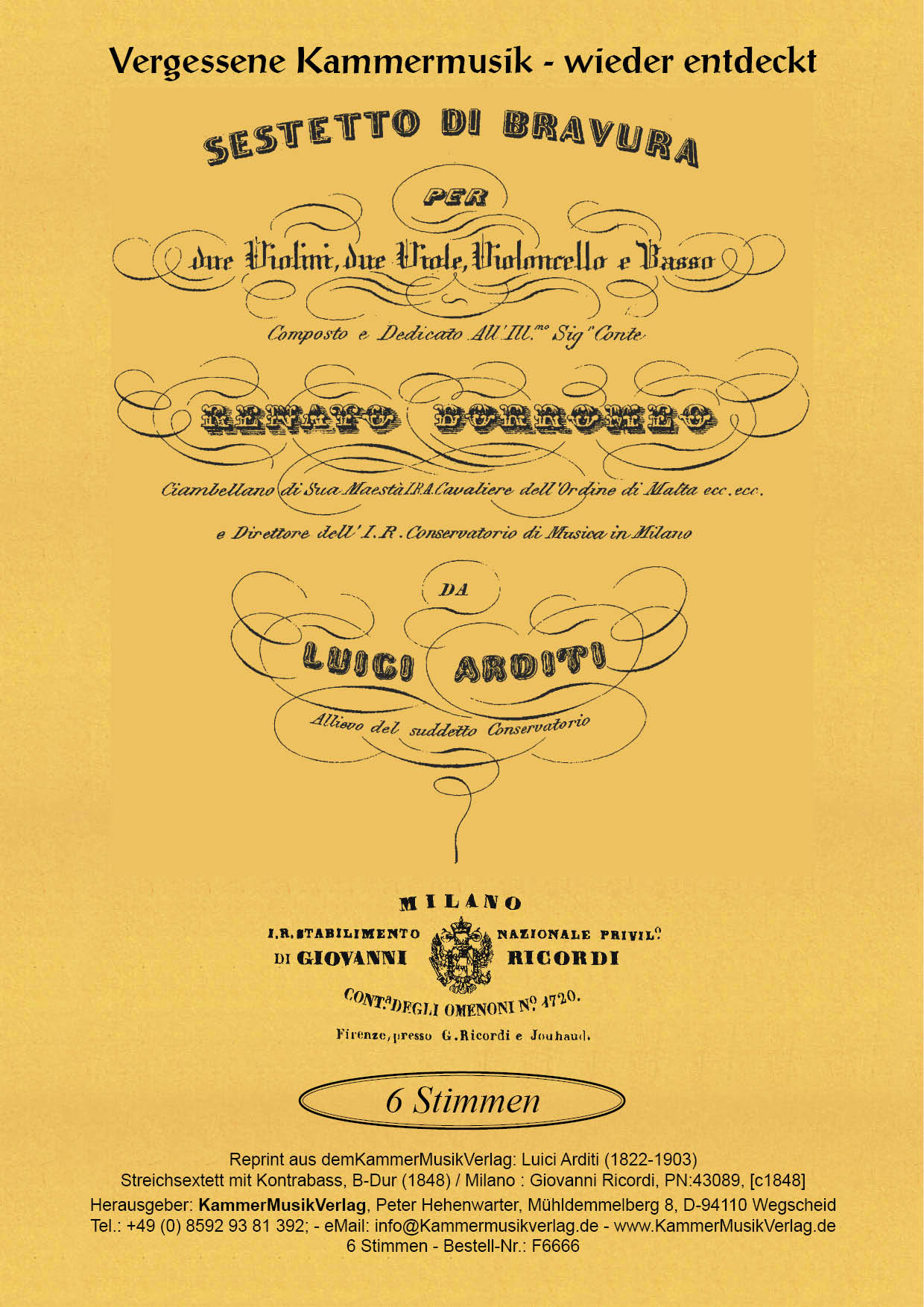 F6666-Arditi_Titelgrafik Arditi, Luigi – Streichsextett mit Kontrabass, B-Dur