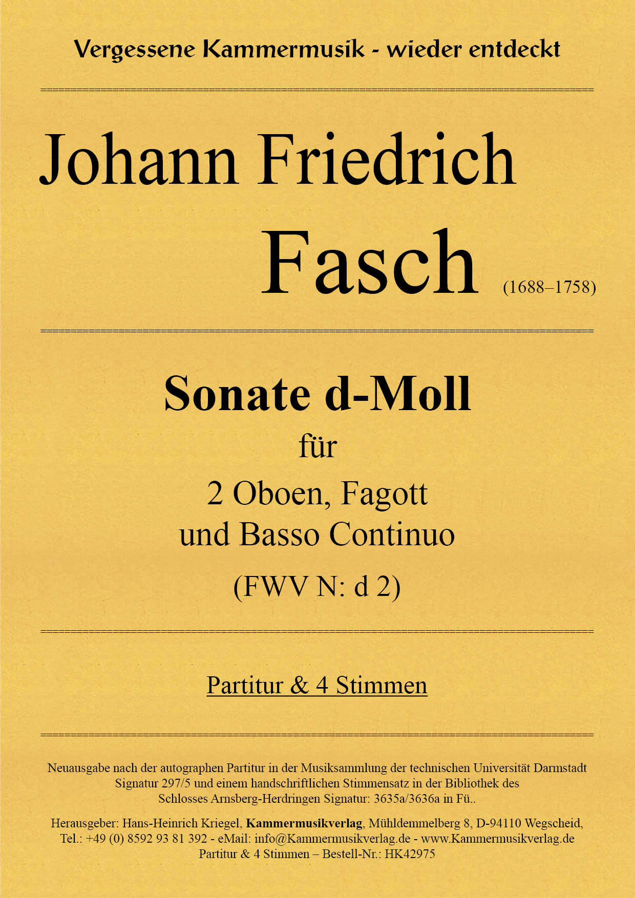HK42975-Fasch_Son_N_d_2__Titelgrafik Fasch, Johann Friedrich – Sonate d-Moll für 2 Oboen, Fagott und Basso Continuo  (FWV N: d 2)