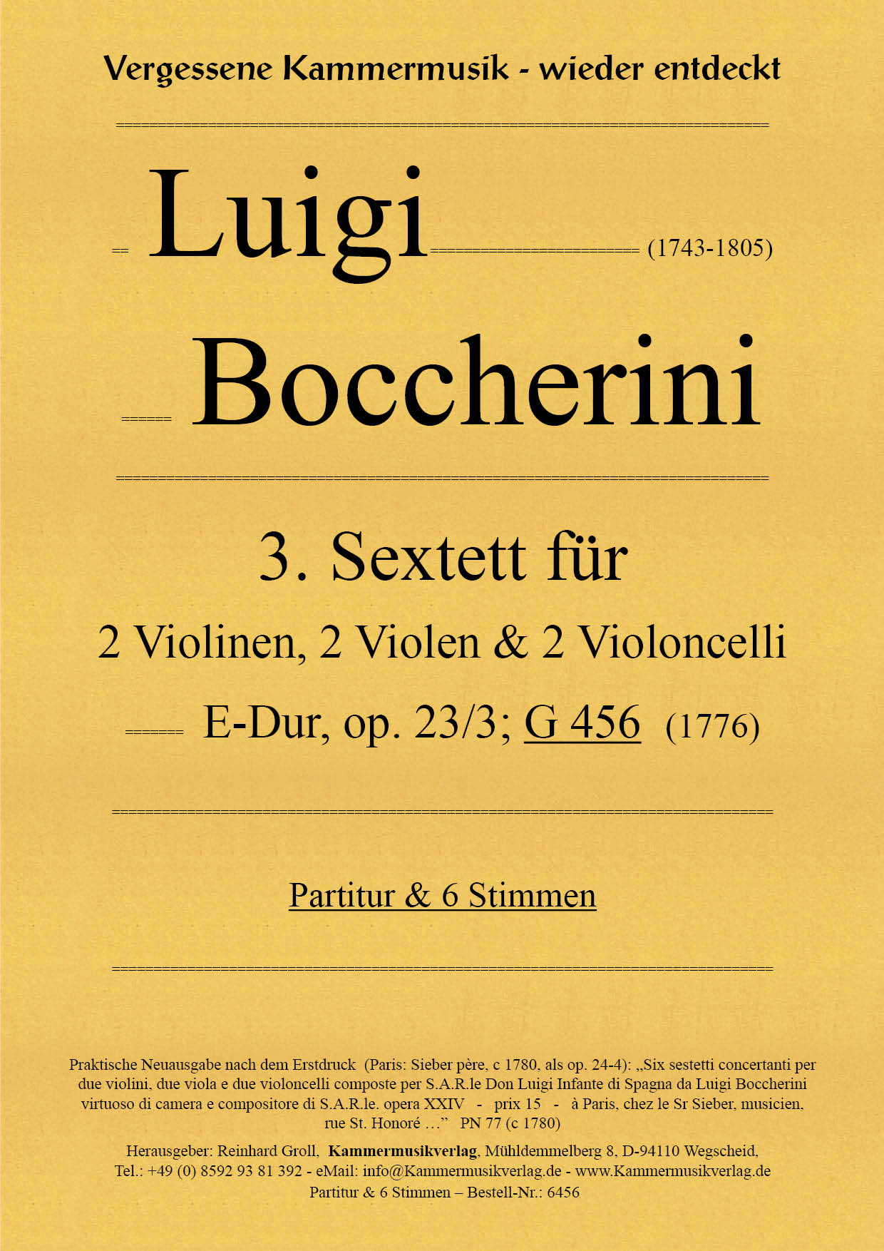 6456_Boccerini_op_23_3__Titelgrafik Boccherini, Luigi – 3. Sextett für 2 Violinen, 2 Violen und 2 Violoncelli, E-Dur, op. 23-3, G 456