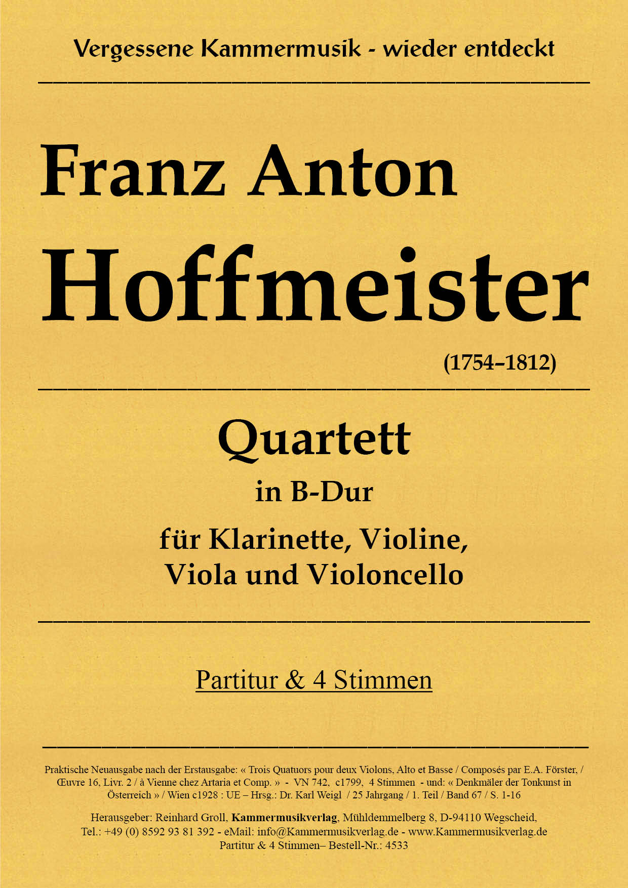 4533-Hoffmeister__Titelgrafik Hoffmeister, Franz Anton – Klarinettenquartett in B - Dur