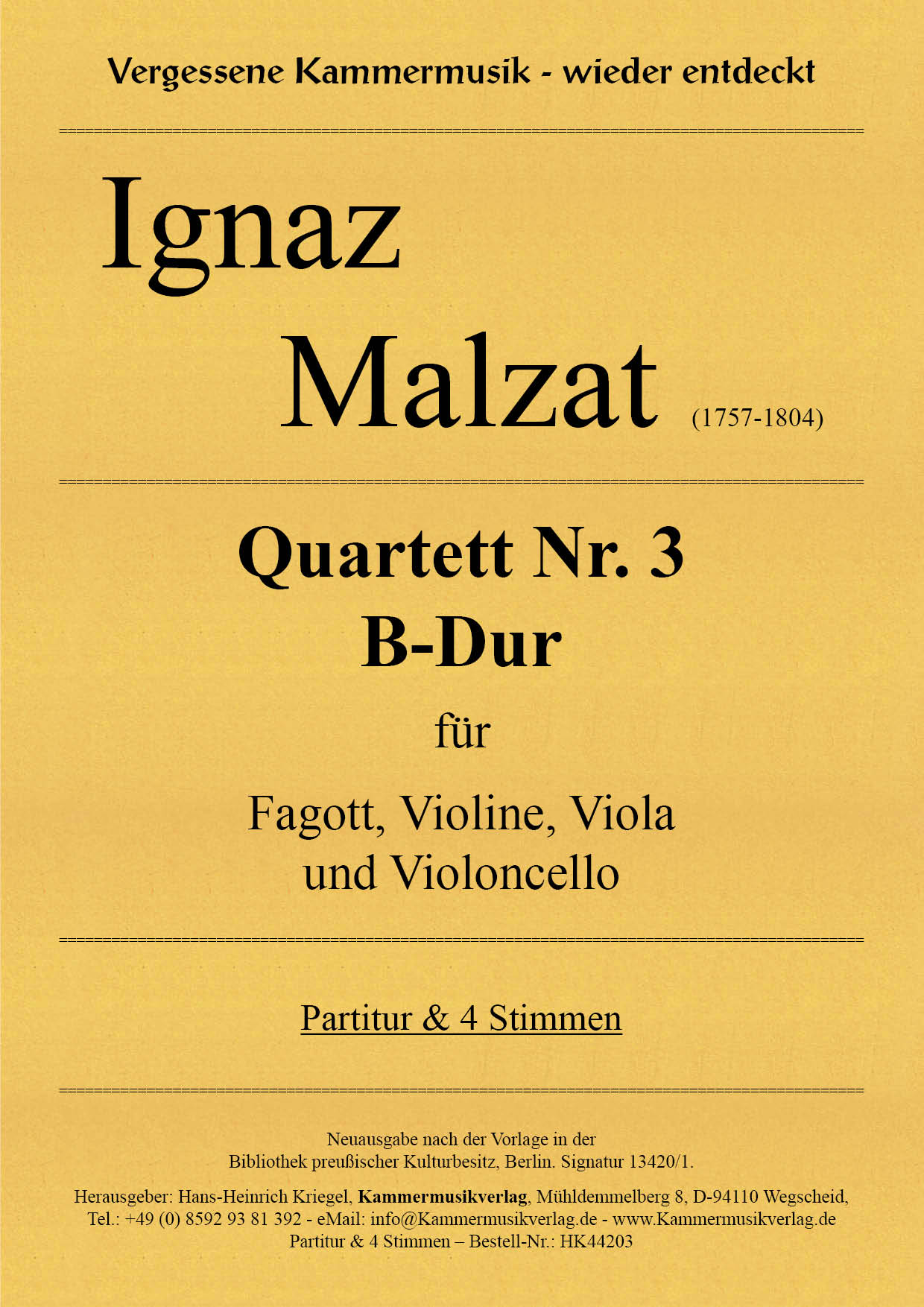 HK44203-Malzat-Quartett_3__Titelgrafik Malzat Ignaz – Quartett Nr. 3  B-Dur