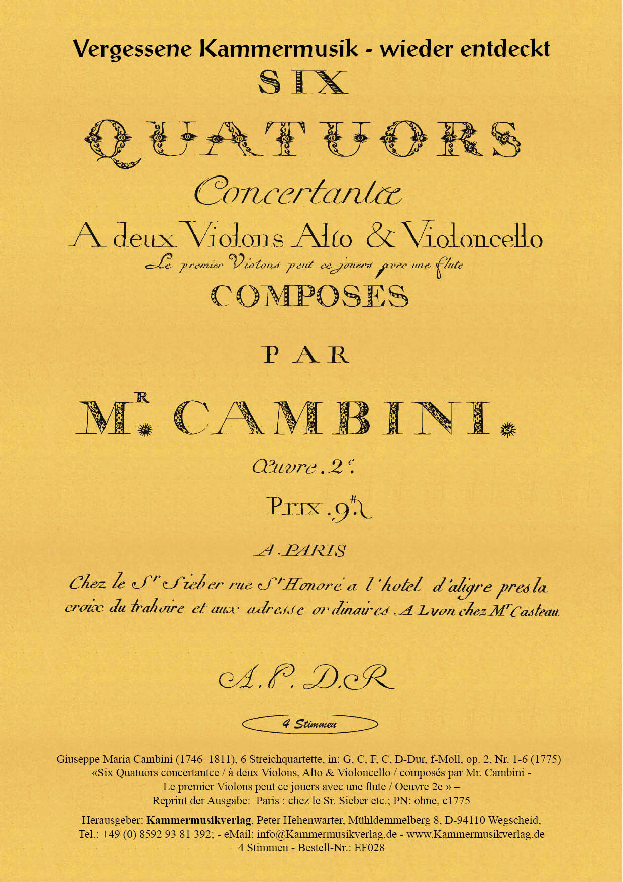 EF028-Cambini_op_02_Titelgrafik Cambini, Giuseppe Maria – 6 Streichquartette, in: G, C, F, C, D-Dur, f-Moll, op. 2, Nr. 1-6