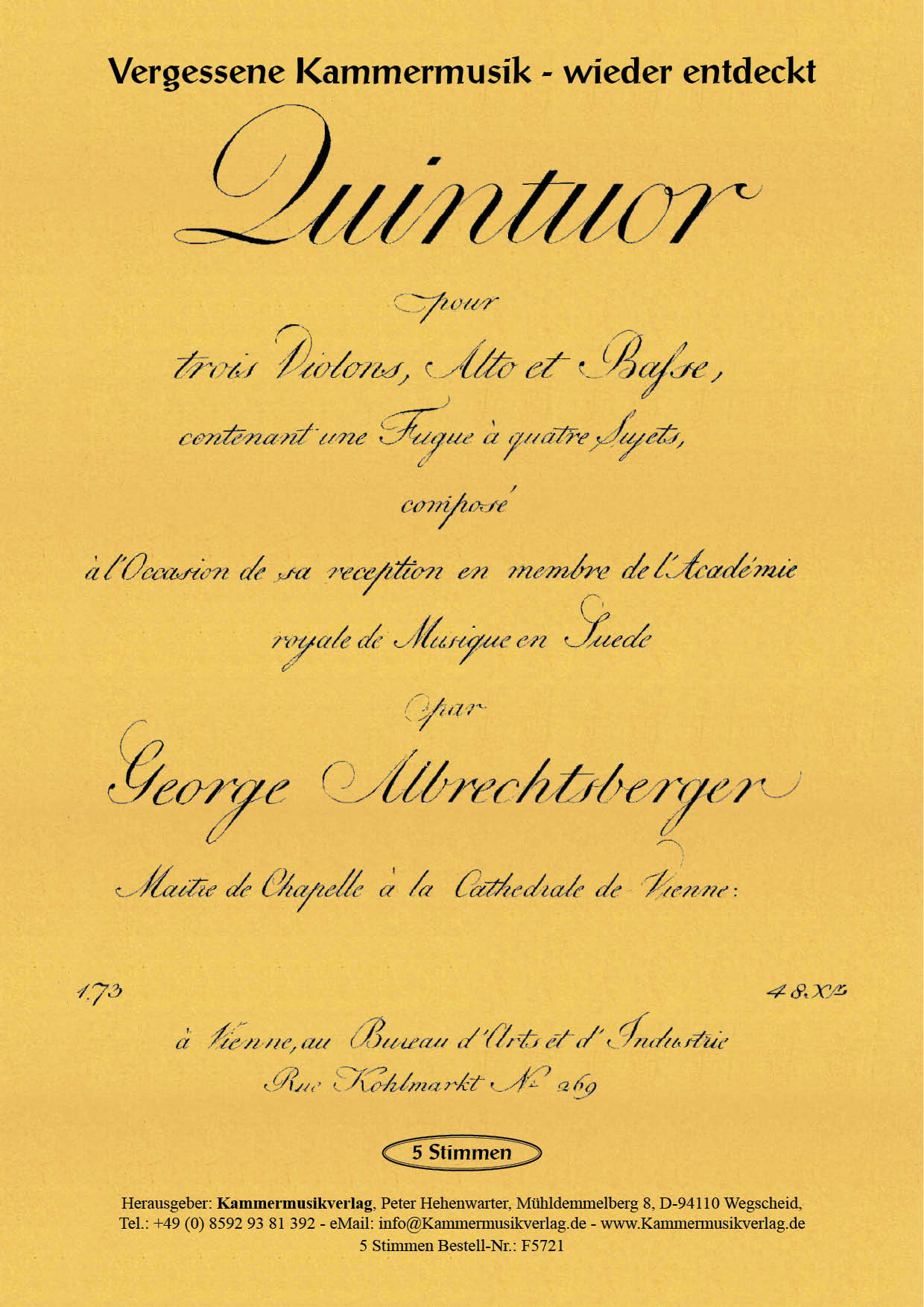 F5721_Albrechtsberger_op_20__Titelgrafik Albrechtsberger, Johann Georg – Streichquintett, C-Dur (mit 3 Violinen), op. 20