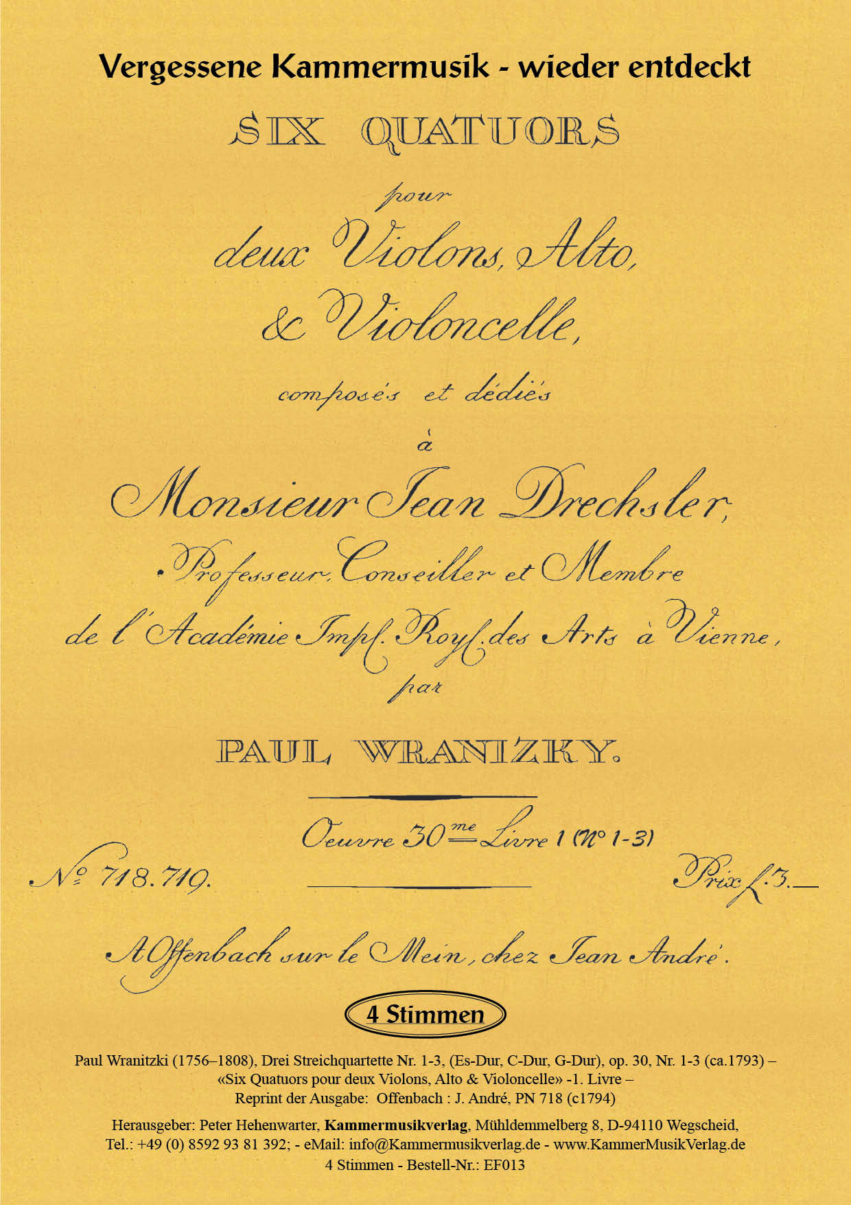 EF013-Wranitzki_op_30_1-3_Titelgrafik Wranitzki, Paul - Three string quartets (E flat major, C major, G major), op. 30, No. 1-3