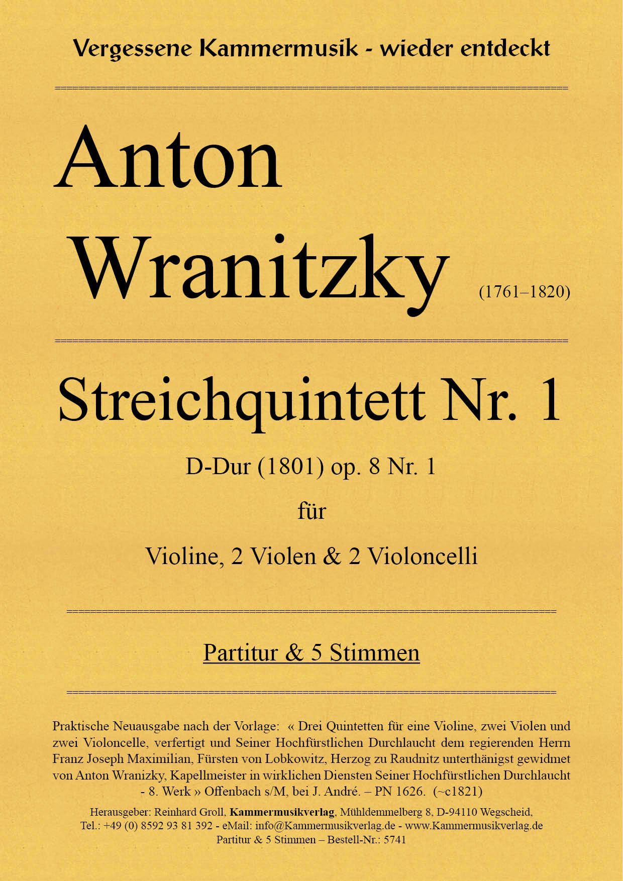 5741-Wranitzki_8_1__Titelgrafik Wranitzki, Anton – Streichquintett Nr. 1, B-Dur, op. 8 Nr. 1 (1801)